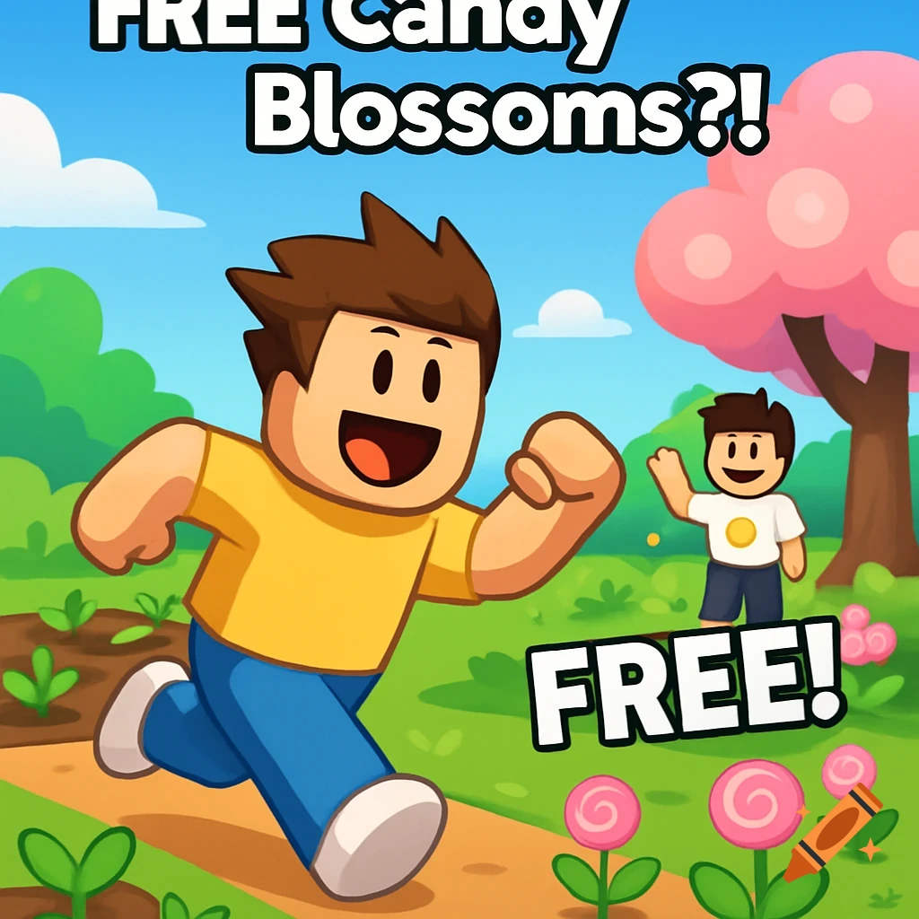 Cartoon boy runs through a garden with a pink blossom tree and lollipop flowers, text reads 'FREE Candy Blossoms?!' and 'FREE!'
