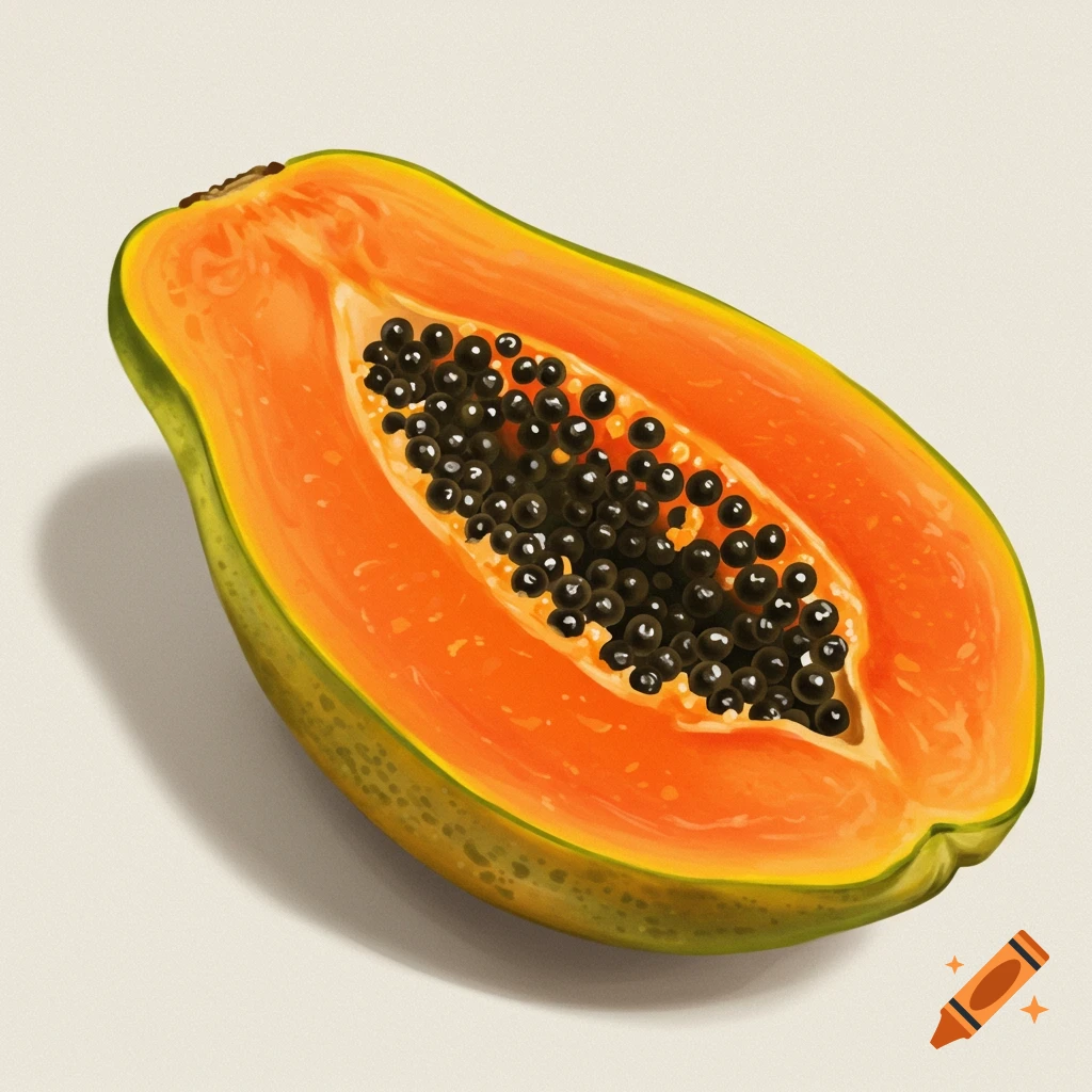 A halved papaya with vibrant orange flesh and black seeds, set against a plain light background.