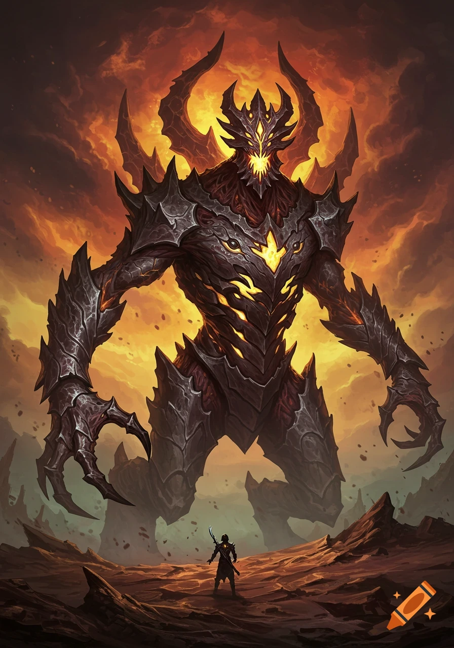 A massive, armored demon with glowing cracks towers over a small warrior in a desolate, fiery landscape. Digital art style.