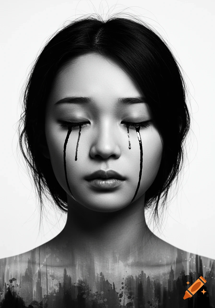 Monochrome digital portrait of a melancholic East Asian woman with black ink dripping from her closed eyes onto her face, against a white background with abstract ink brushstrokes.