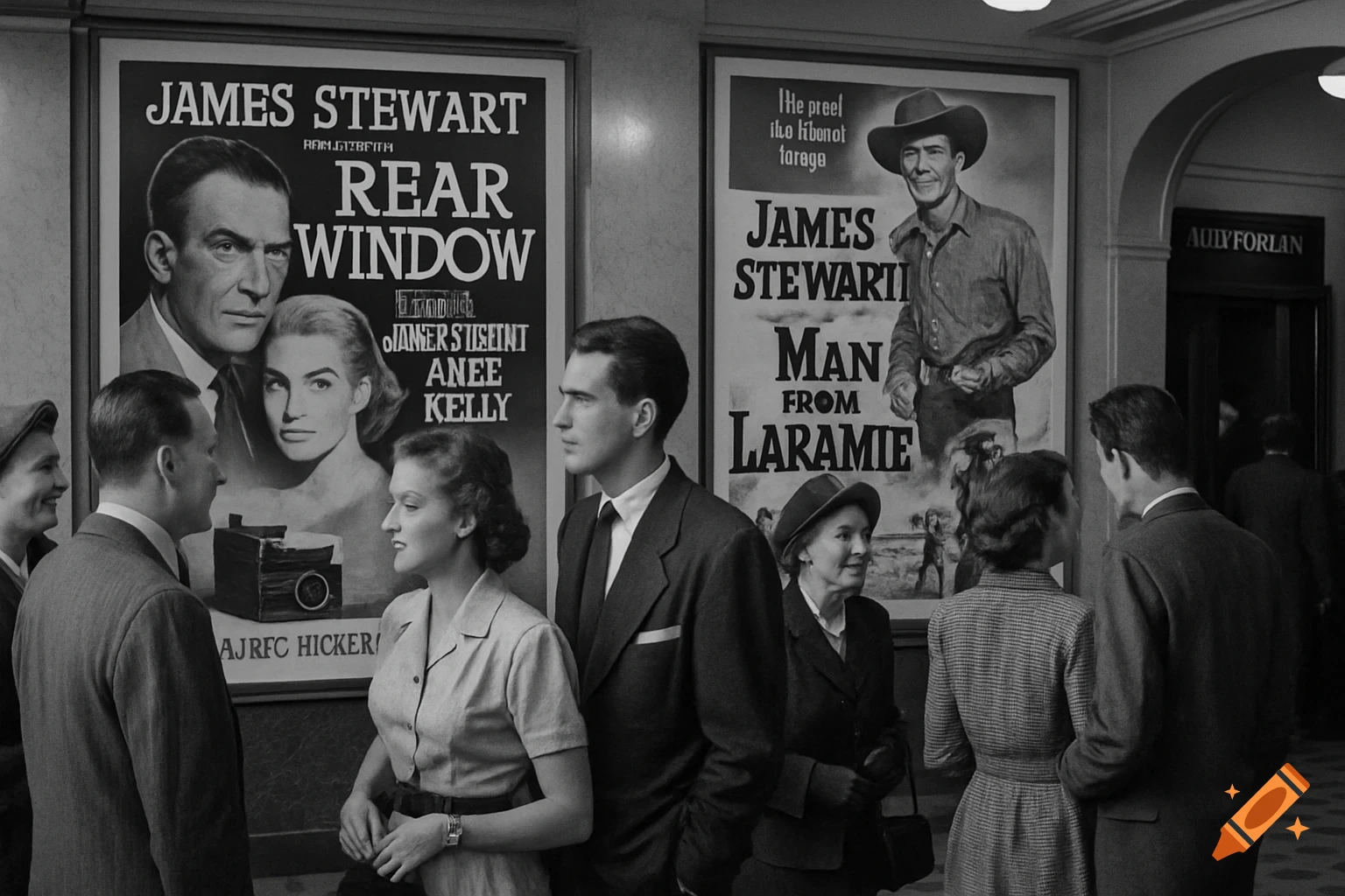 A black and white photo of people gathered in a 1950s theatre lobby with two large movie posters on the wall.