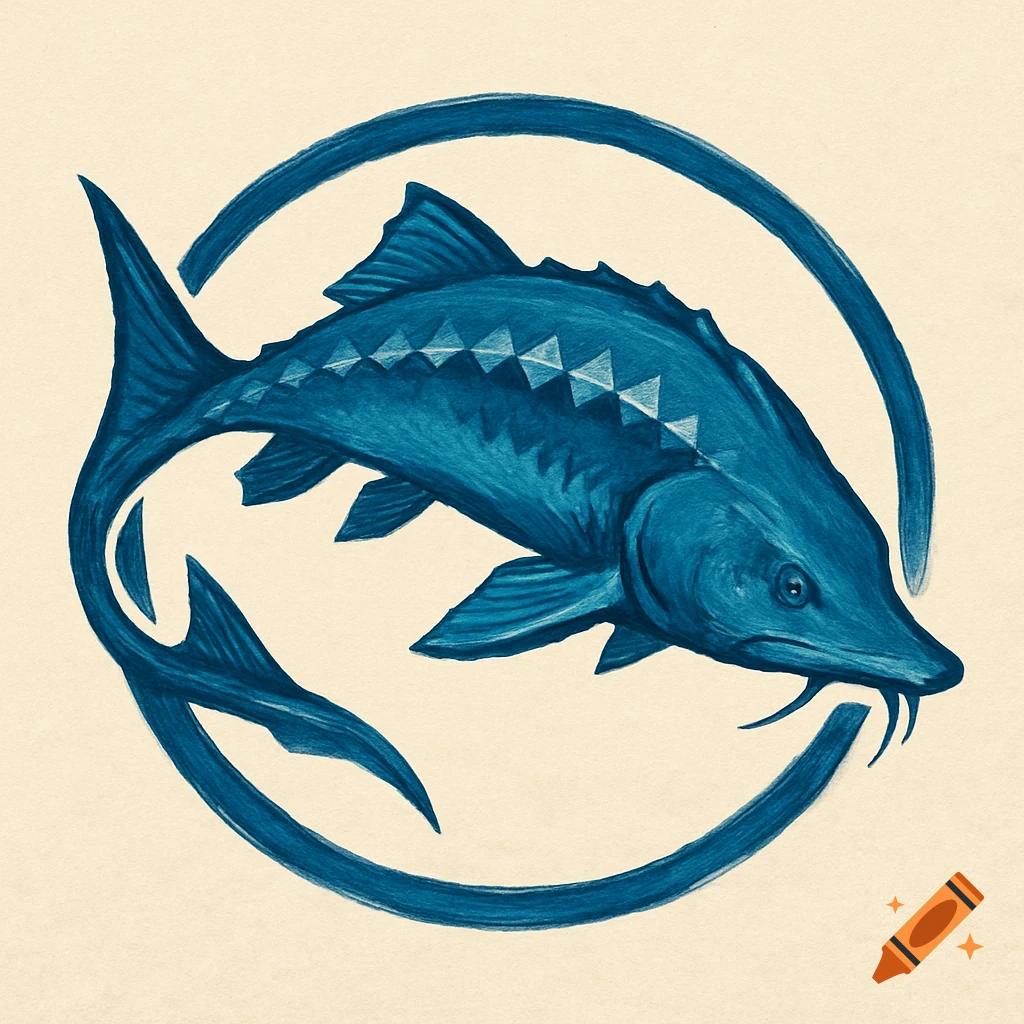 Blue sturgeon fish swimming within a circular logo design, in a painterly style.