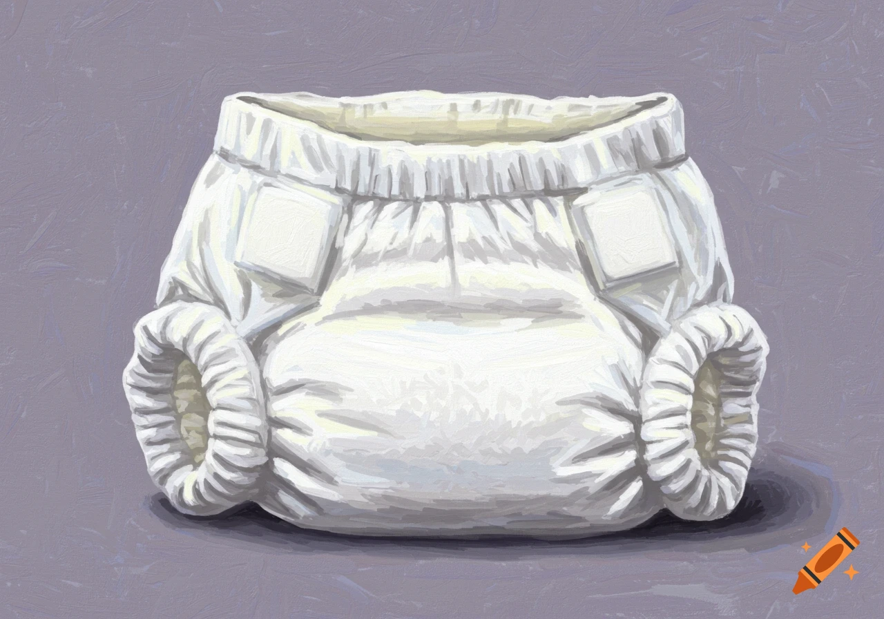 A white, bulky diaper with a textured, painterly appearance on a muted purple background.
