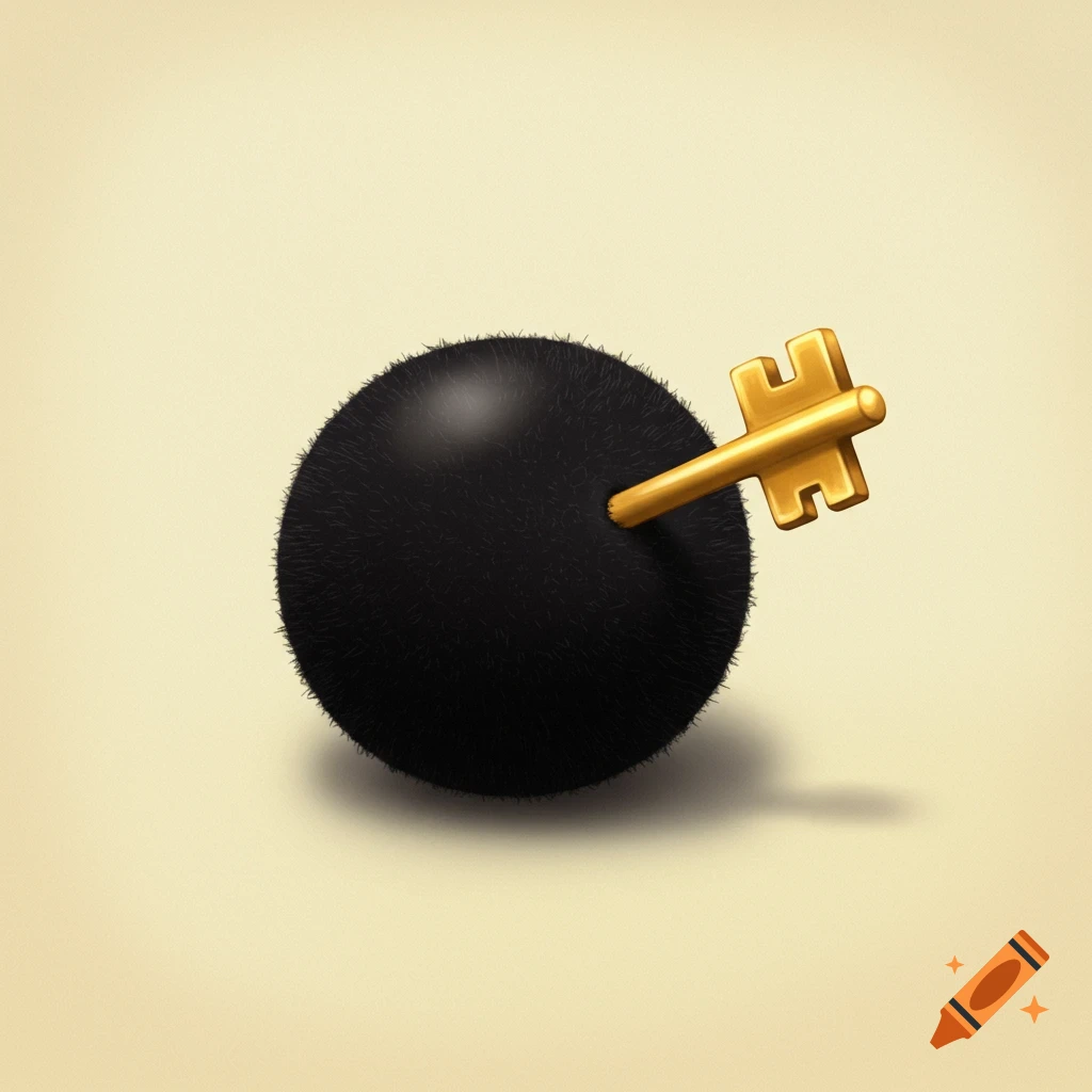 A black fluffy ball with a golden key sticking out of it on a light background.