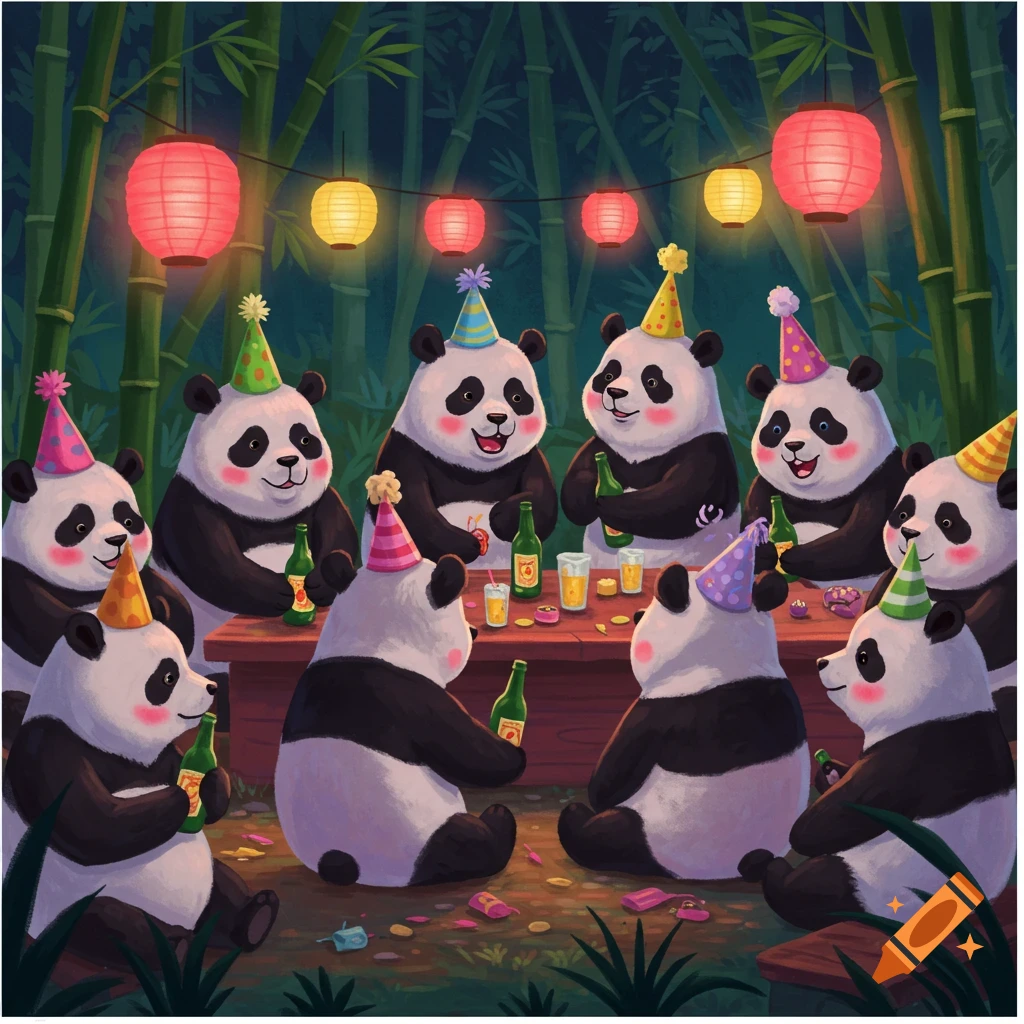 Cute pandas in party hats enjoy a celebration with drinks and snacks around a table in a bamboo forest.