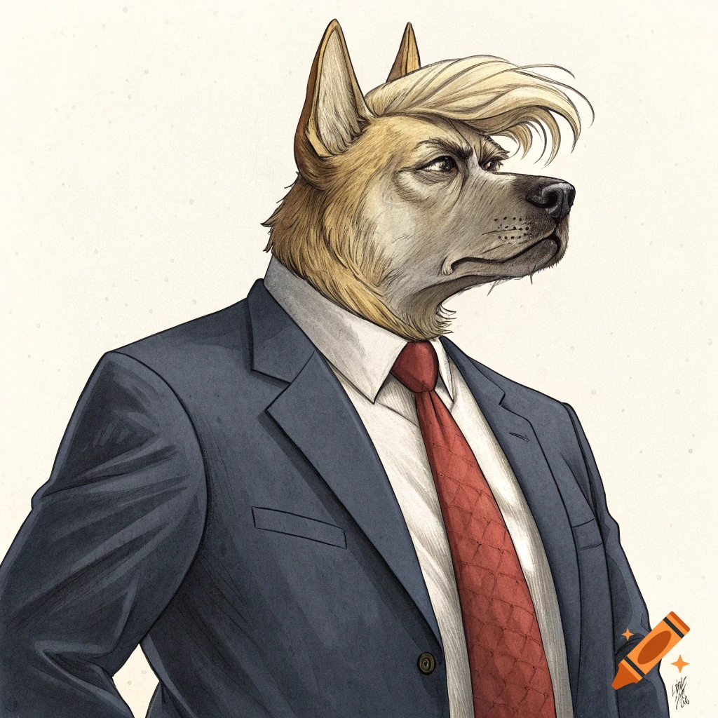Illustration of an anthropomorphic dog resembling Donald Trump, with blond hair, wearing a dark suit and red tie.
