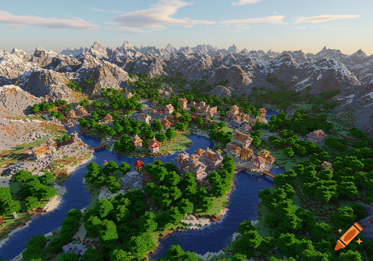 A vast, blocky Minecraft-style landscape with a village nestled among trees and a river, surrounded by snow-capped mountains under a clear sky.