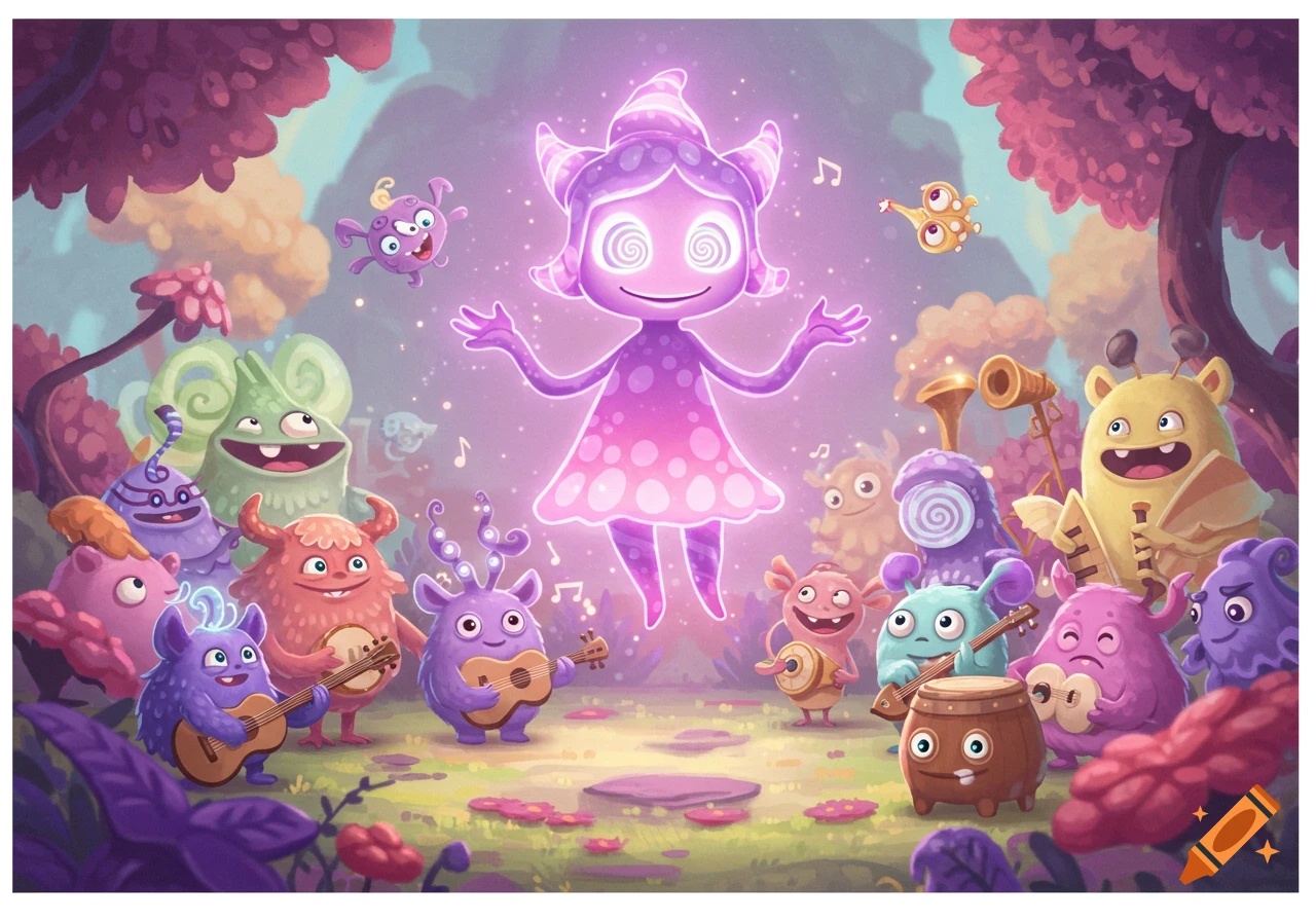 A glowing purple monster floats among many colorful, cute monsters playing instruments in a vibrant, whimsical fantasy forest.
