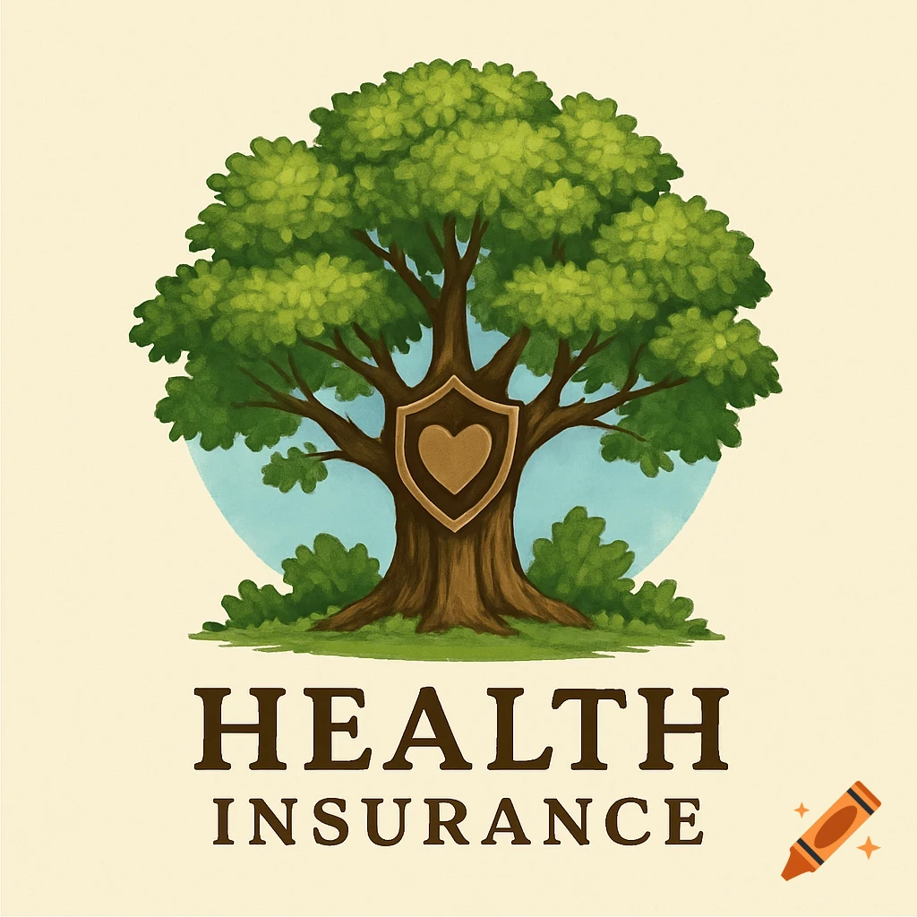 Illustration of a vibrant green tree with a heart shield on its trunk, above 'HEALTH INSURANCE' text.