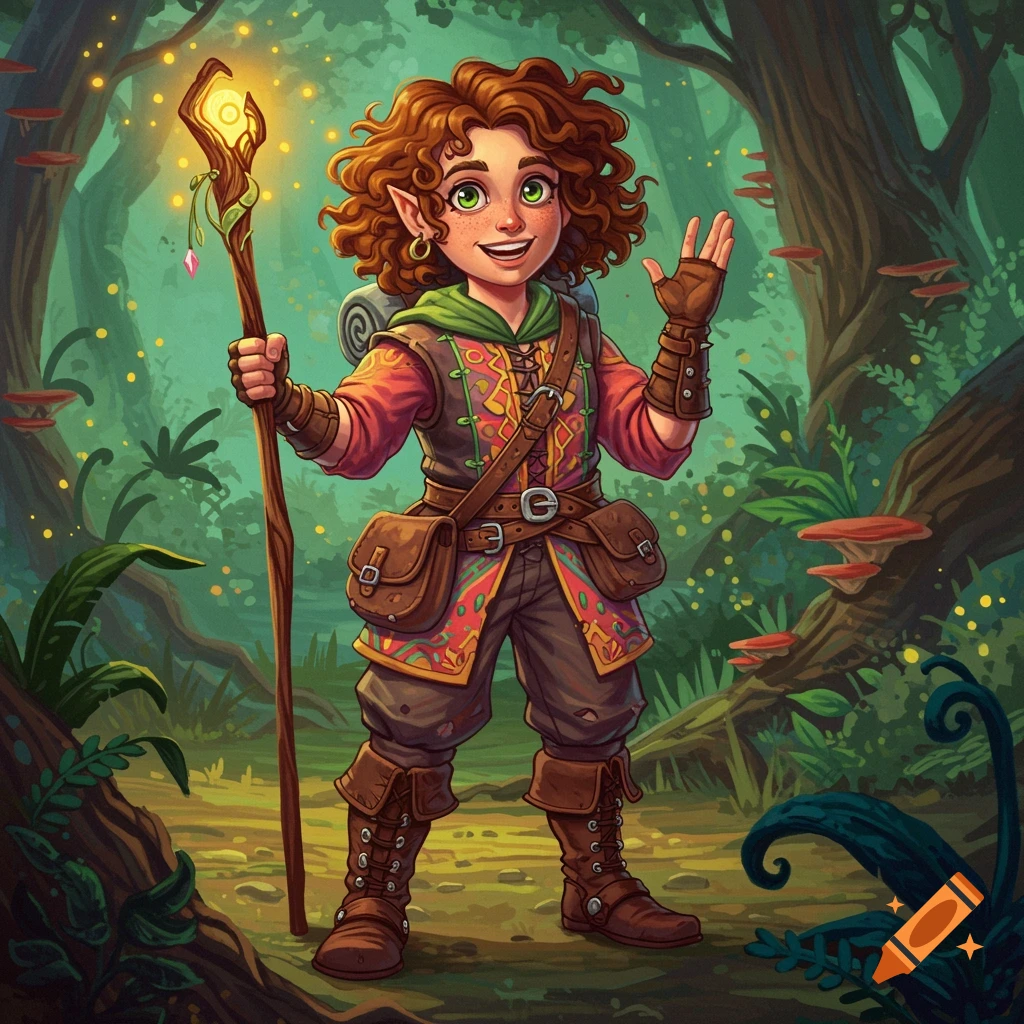 A cheerful, curly-haired young female DND bard/wizard in a vibrant forest, holding a glowing staff and waving.