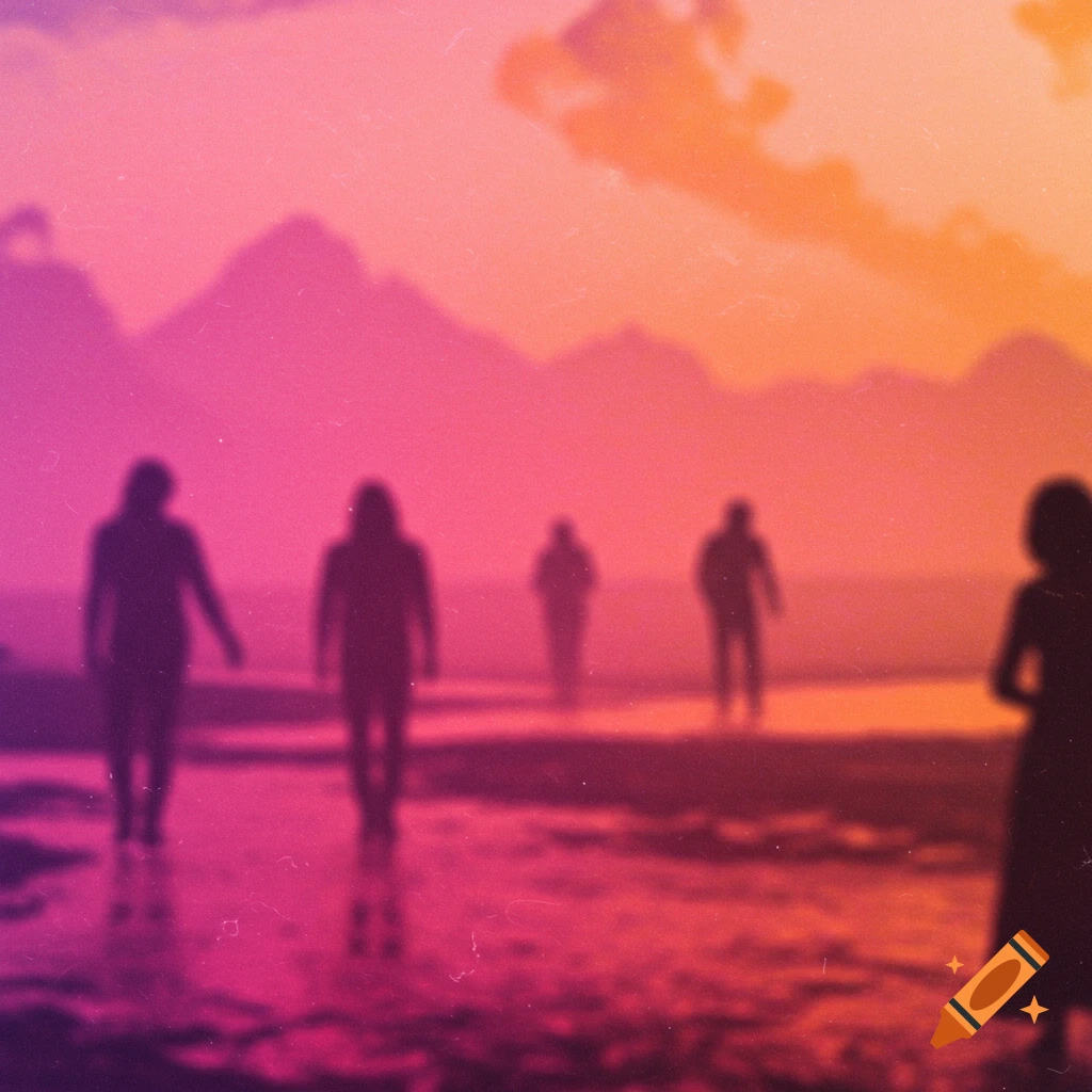Silhouettes of figures in a hazy, vibrant pink and orange landscape with mountains in the background.