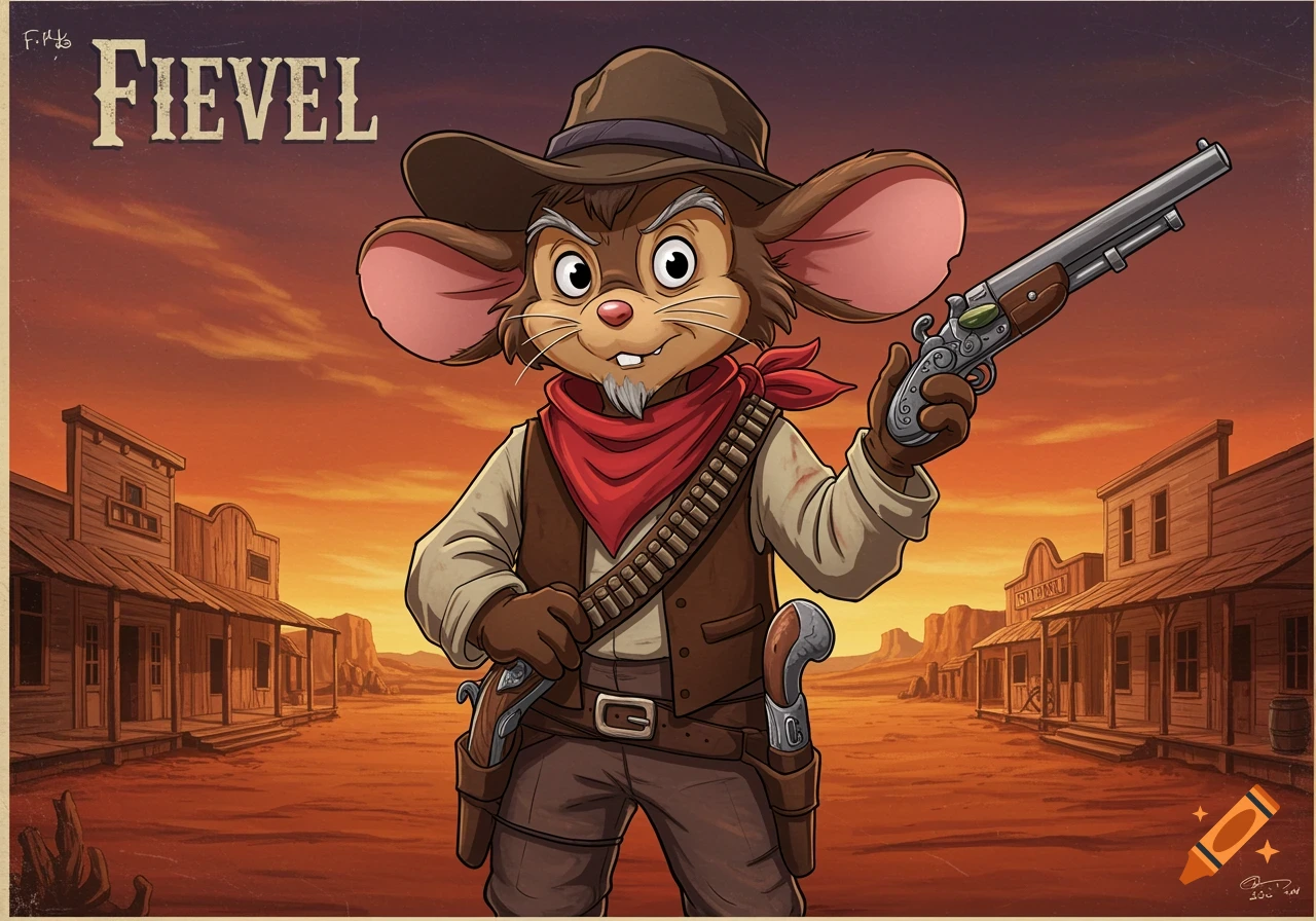 Cartoon illustration of Fievel the mouse as an old outlaw cowboy holding a pistol in a western town at sunset.