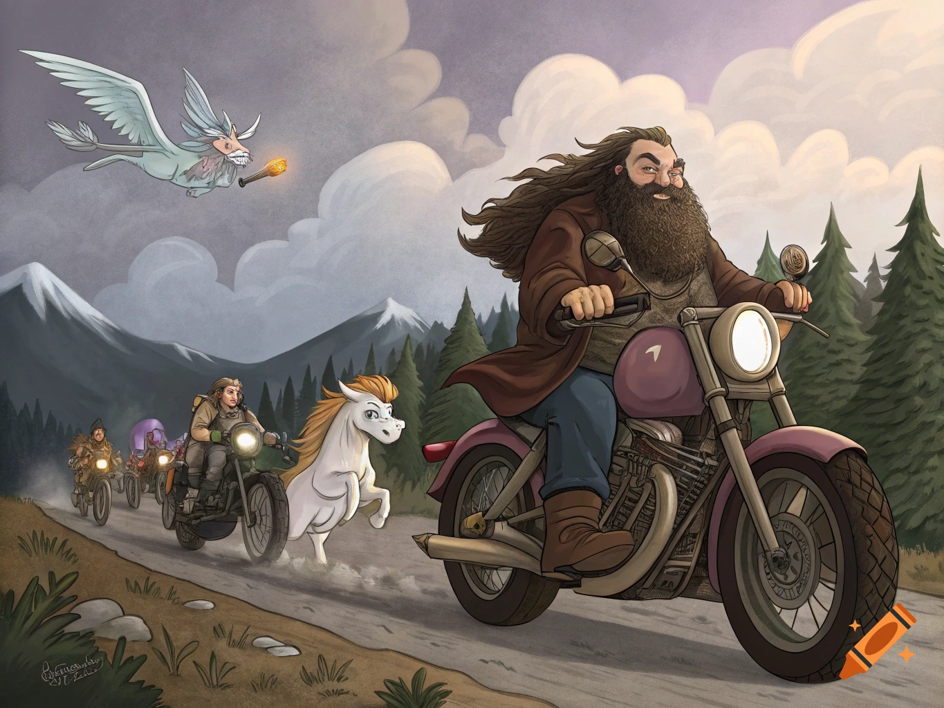 Hagrid rides a motorcycle leading a group including mythical creatures like a winged beast and a unicorn on a mountain road, in an illustrated style.