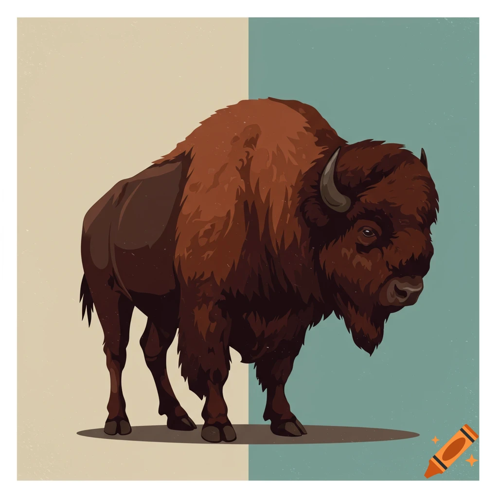 A retro-style illustration of a brown buffalo standing on a split light beige and teal background.