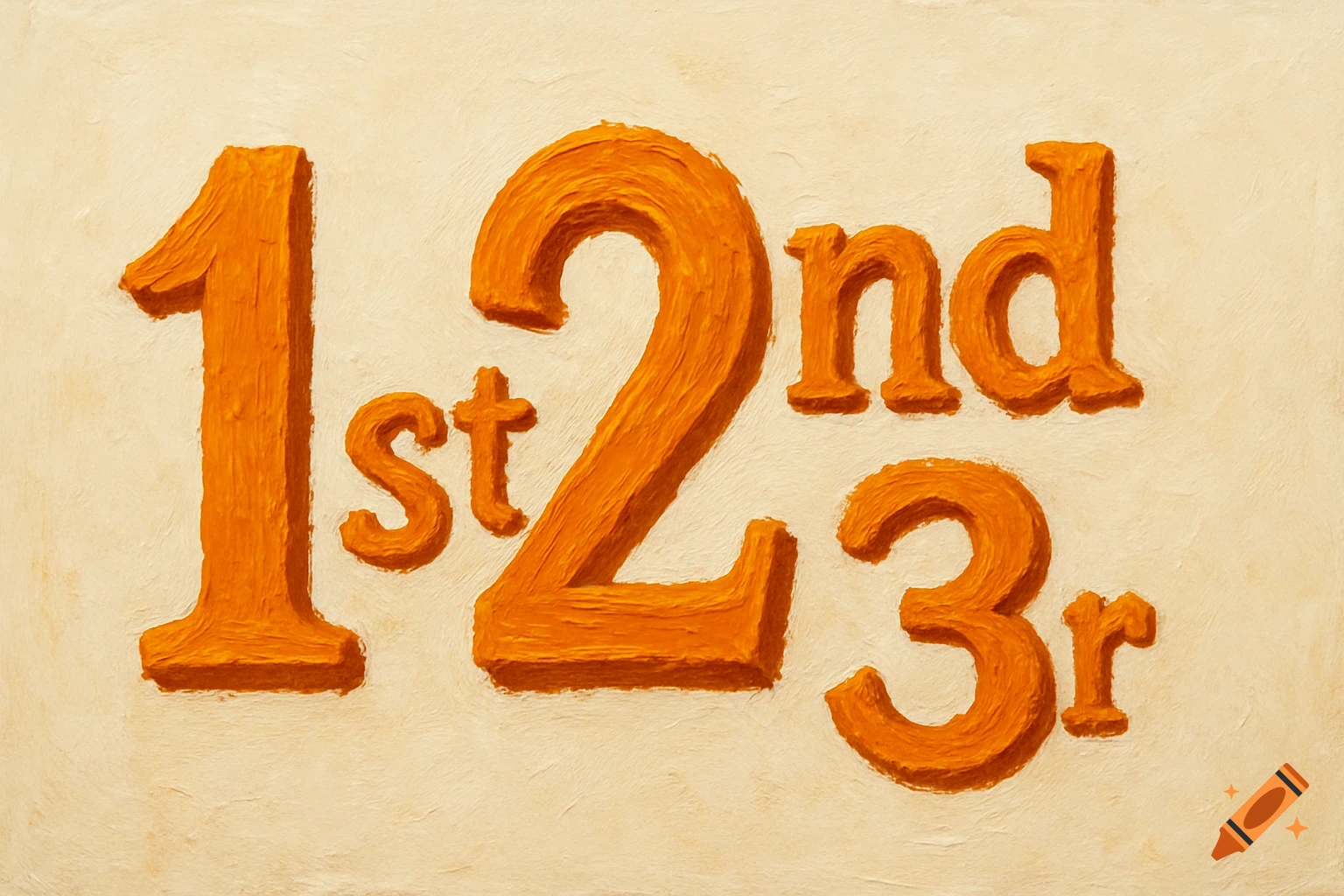 Textured painting of the orange numbers '1st', '2nd', and '3r' on a light cream background, indicating placings.