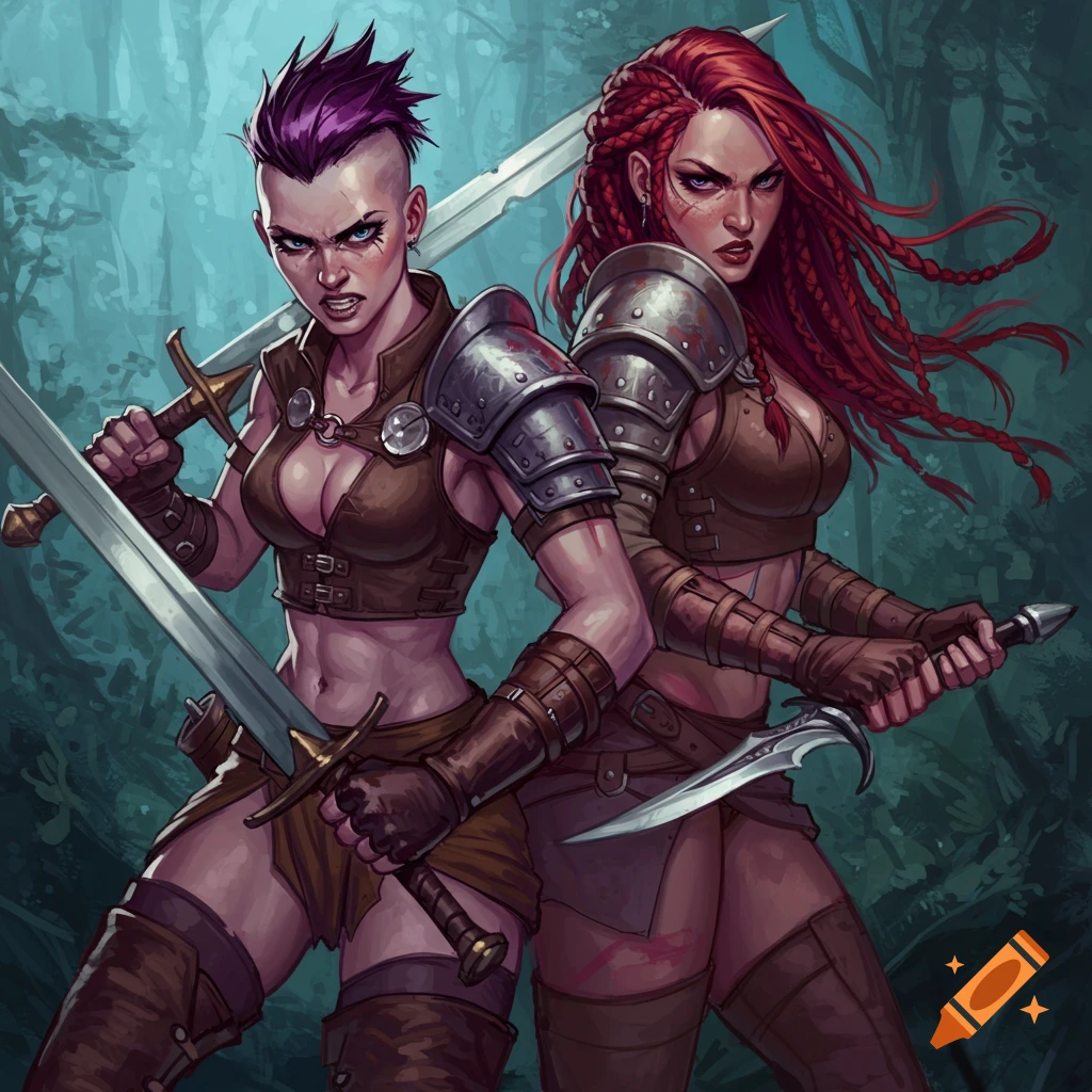 Two fierce female fantasy warriors with swords, one with a mohawk, the other with red braids, in a dark forest.