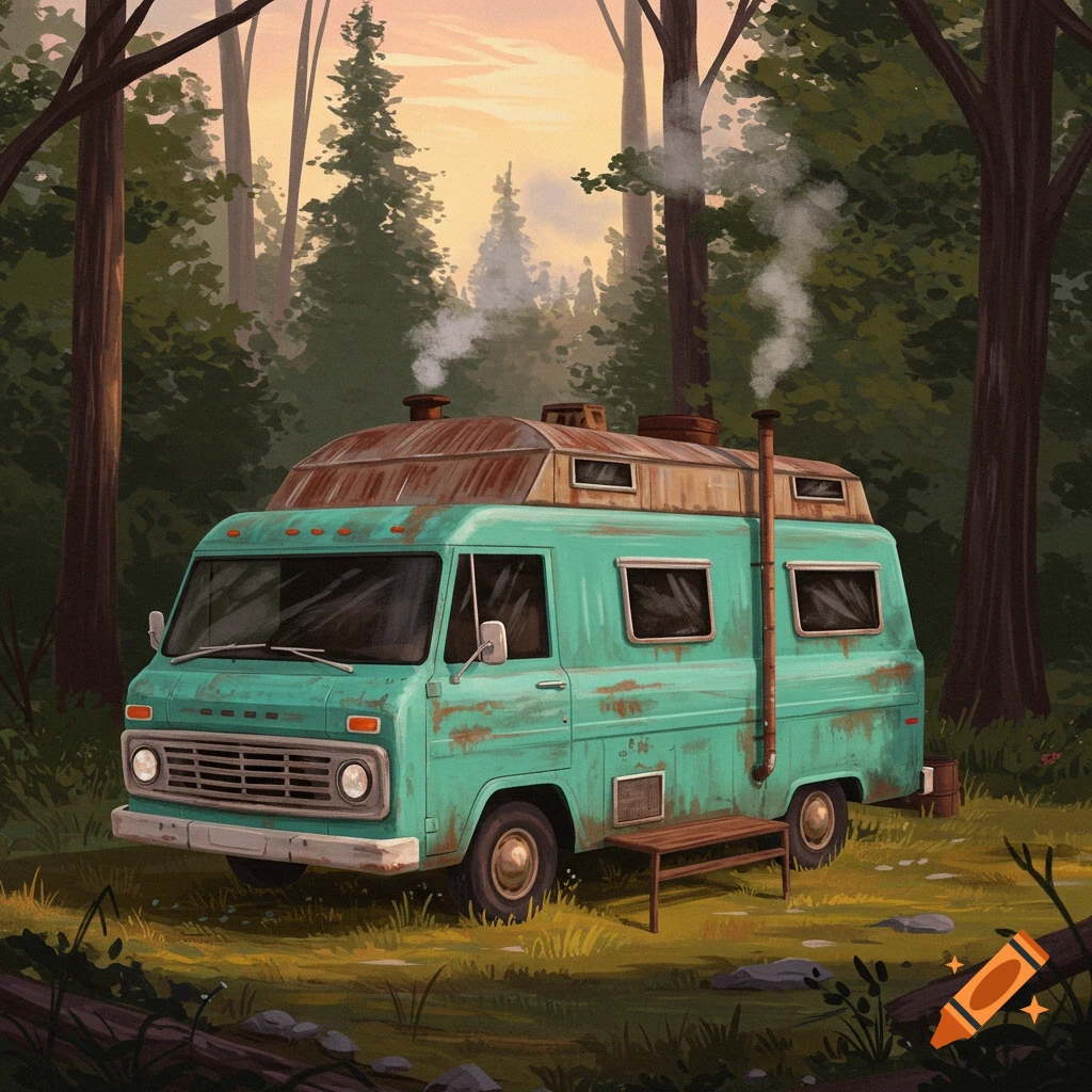 A teal, rusty camper van with smoke coming from its roof, parked in a lush, green forest at sunset.