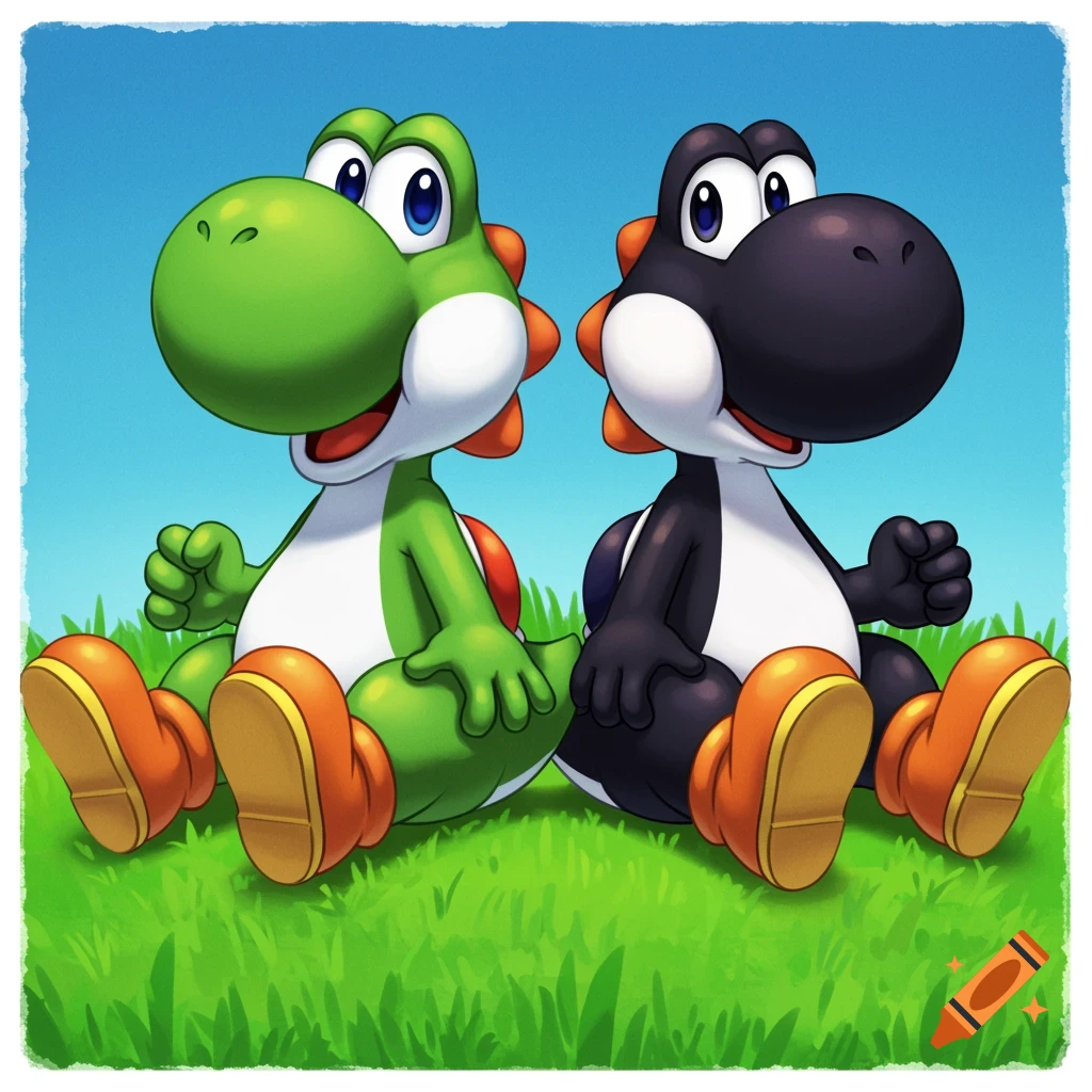 A green Yoshi and a black Yoshi sit side-by-side on green grass under a blue sky in a cartoon style.