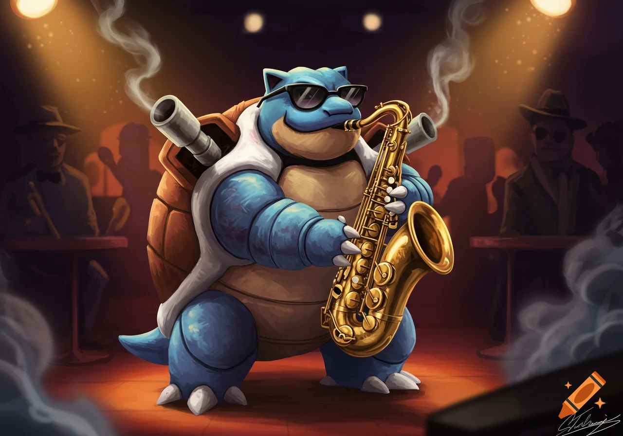 Blastoise wearing sunglasses plays an alto saxophone on a dimly lit jazz club stage with silhouetted figures in the background.