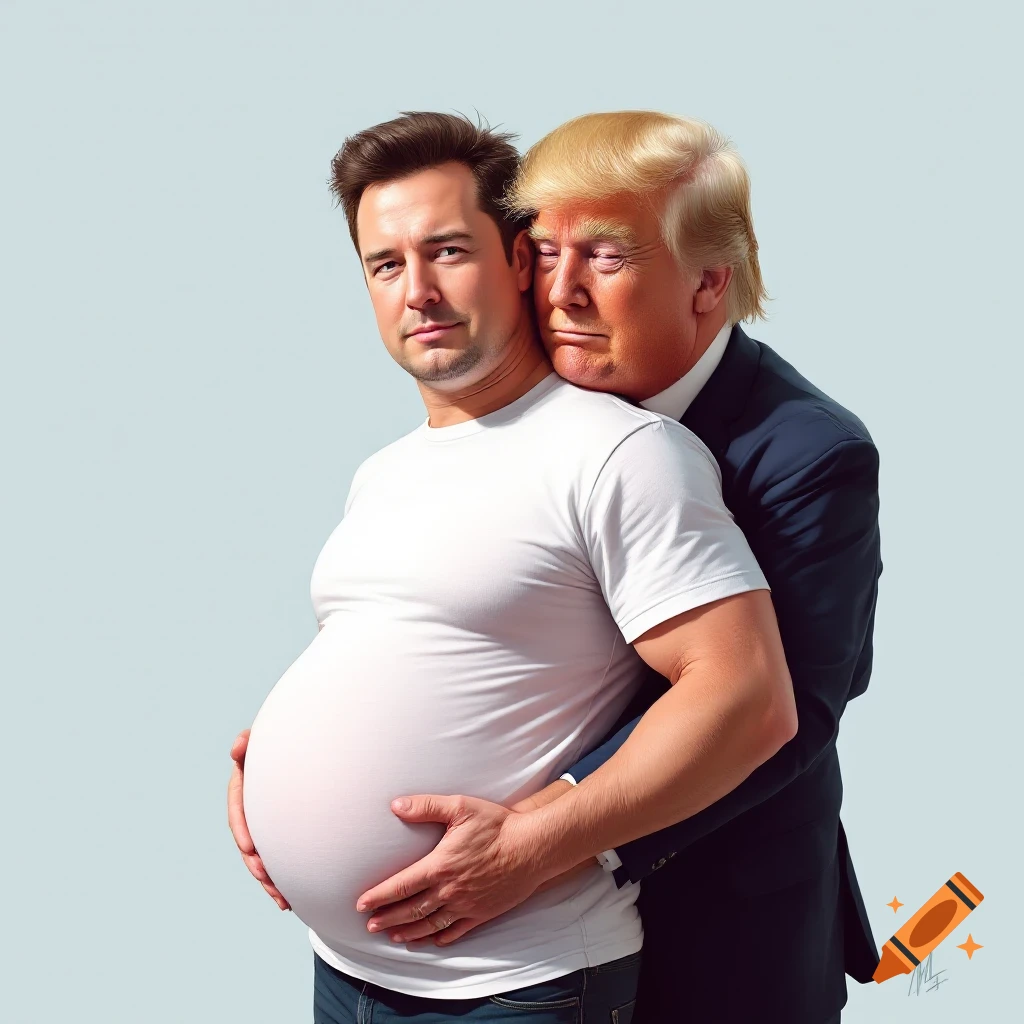 Donald Trump hugs a pregnant Elon Musk from behind, in a photorealistic style.