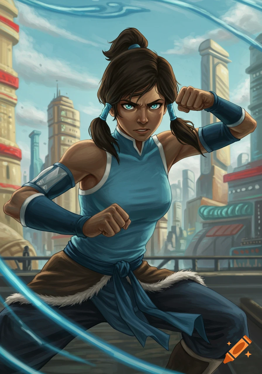 Korra in a dynamic waterbending stance with an intense expression, surrounded by swirling water, in a stylized city environment.