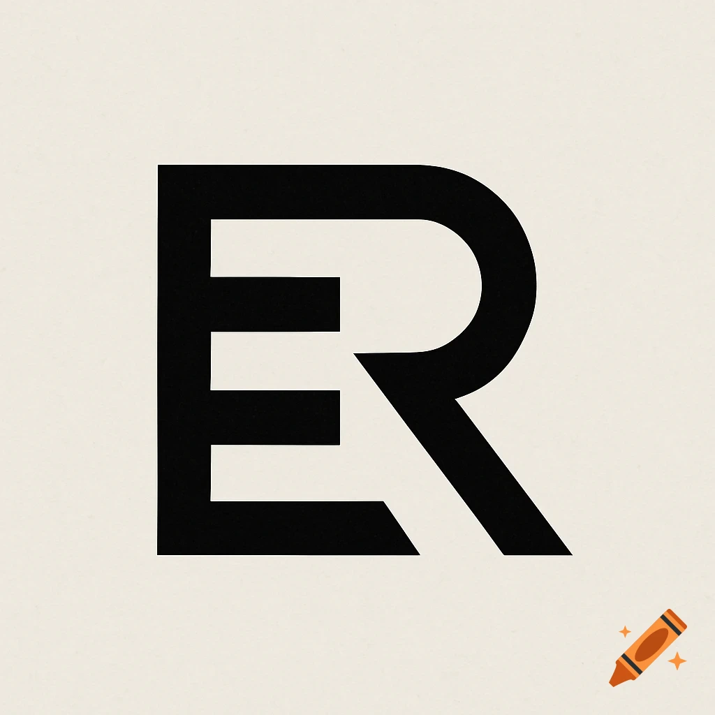 A black minimalist logo combining the letters E and R on a light beige background.