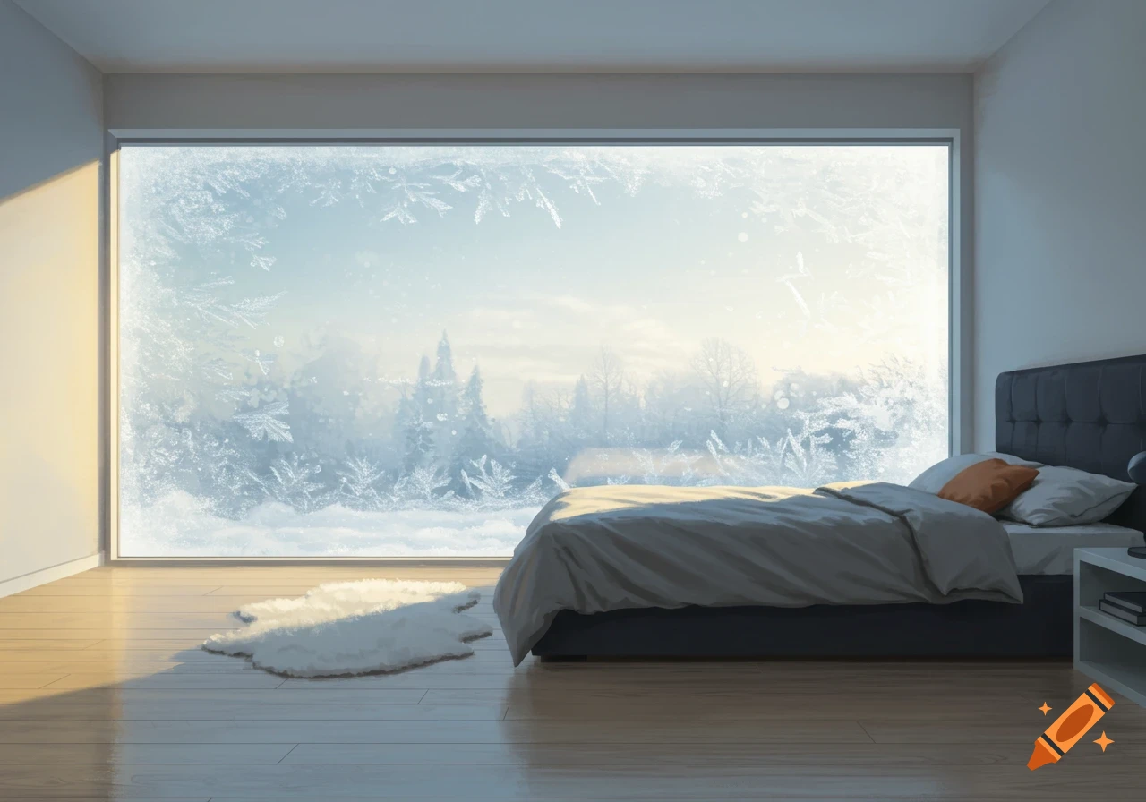 A modern bedroom with a large frosty window overlooking a snowy winter landscape, featuring a bed with neutral bedding and a white fluffy rug on a wooden floor.