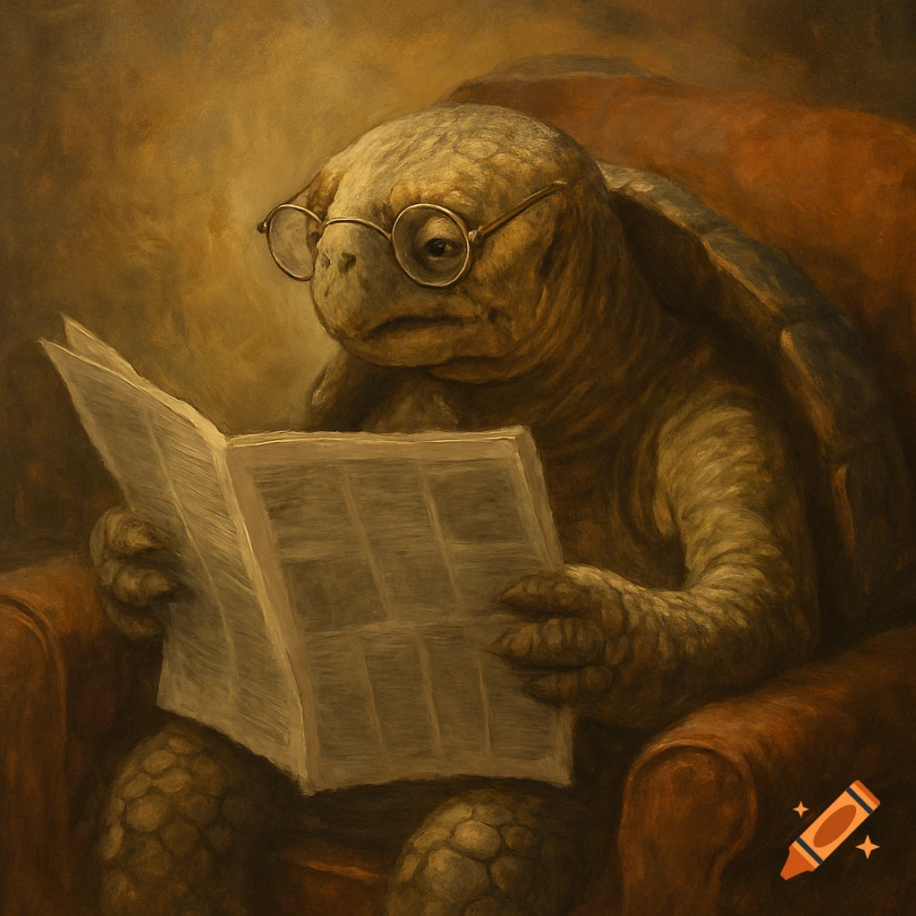 An old tortoise wearing glasses sits in an armchair, reading a newspaper in a painterly style.