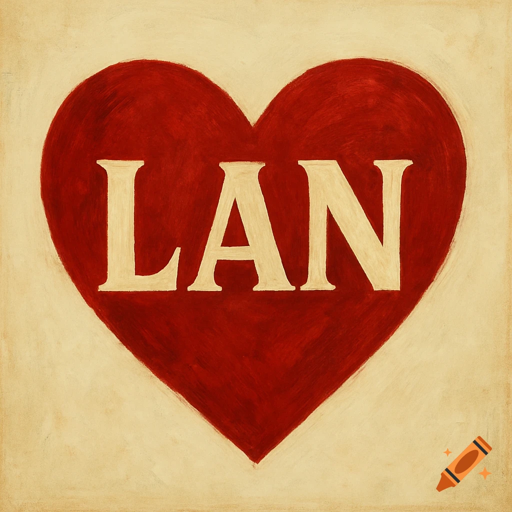 Red painted heart with the cream letters 'LAN' in the center, on a light beige background.
