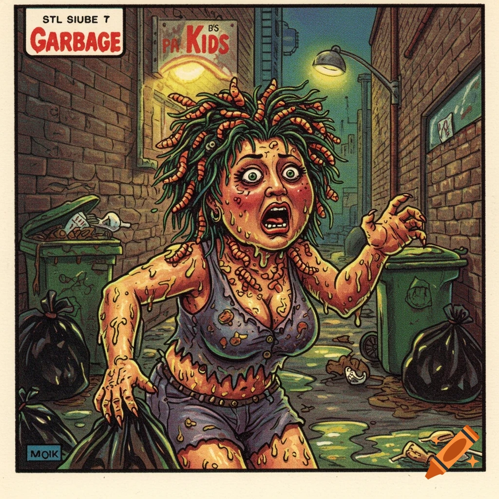 A gross cartoon of a woman with maggot-covered hair and body, covered in goo, screaming in a dirty alleyway with garbage cans and bags, in the style of Garbage Pail Kids.