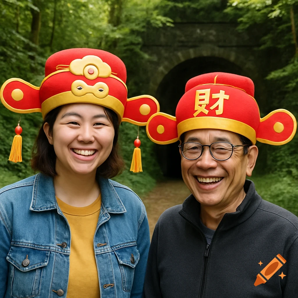 A smiling young woman and an older man in red and gold traditional Chinese hats stand in a forest near a tunnel.