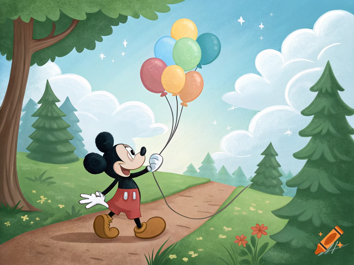 Mickey Mouse walks on a path in a cartoon forest, holding a bunch of colorful balloons.
