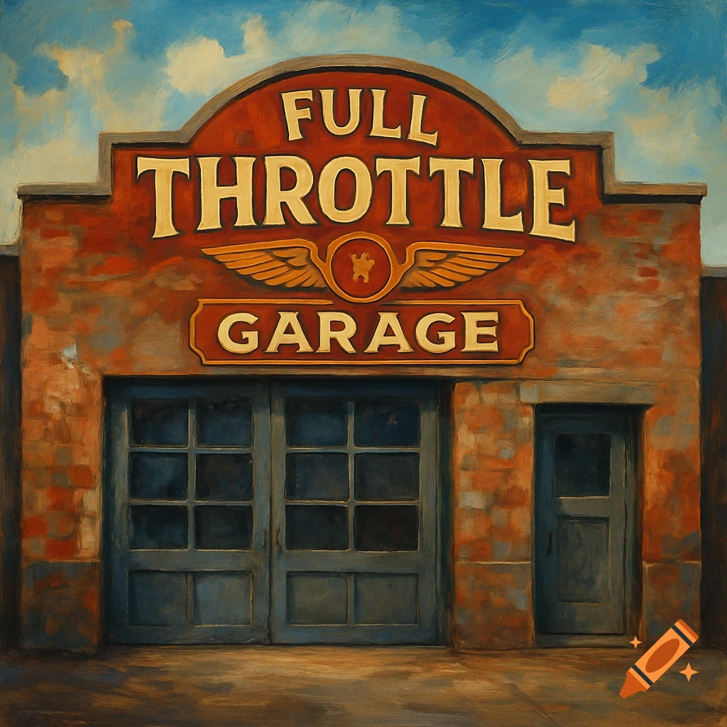 A painterly depiction of a vintage-style garage building with a weathered brick facade. A large red and gold sign reads 'FULL THROTTLE GARAGE'.