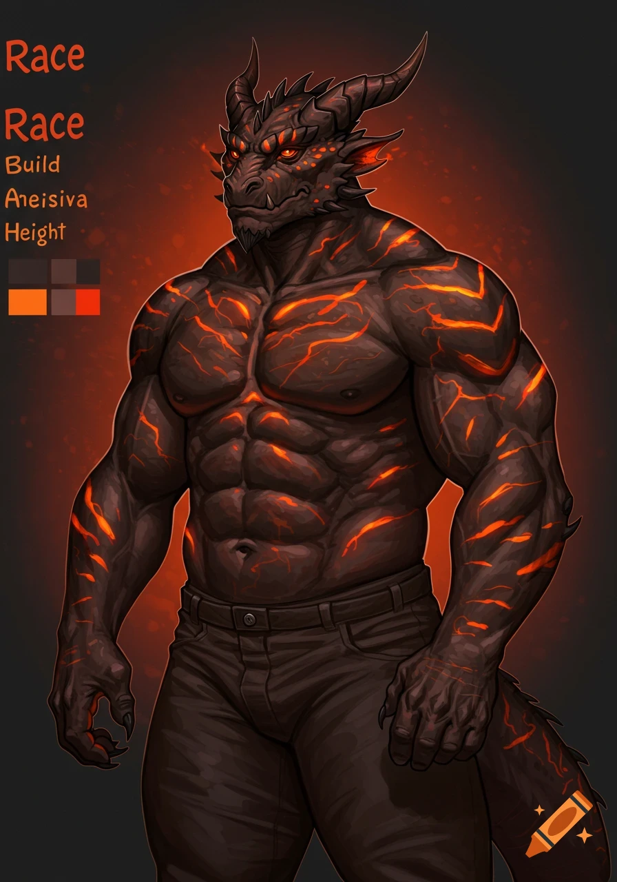 A muscular anthro-dragon character with dark, rocky skin and glowing orange lava-like patterns, wearing dark pants, stands against an orange-red background. Text labels like 'Race' and 'Build' are on the left.