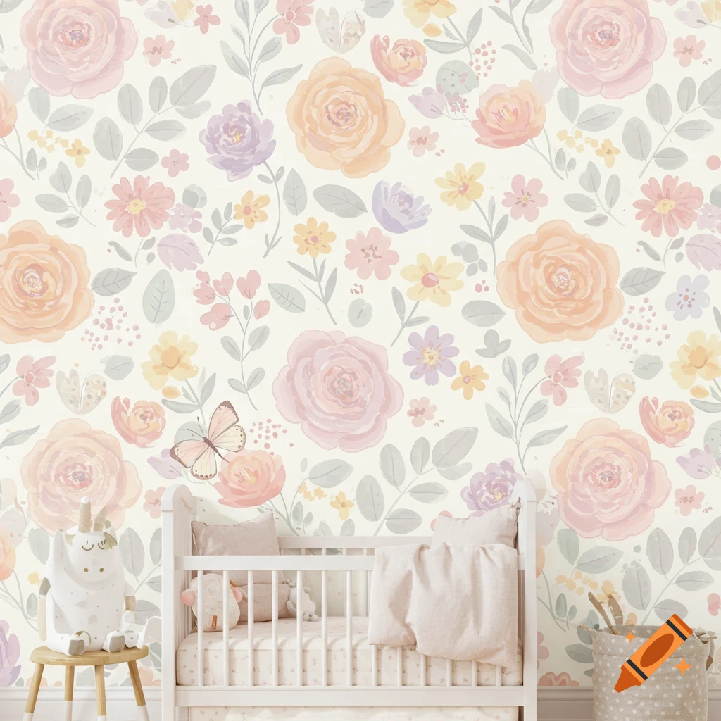 A nursery room with a white crib, a stuffed unicorn, and a pastel watercolor floral wallpaper featuring roses and butterflies.