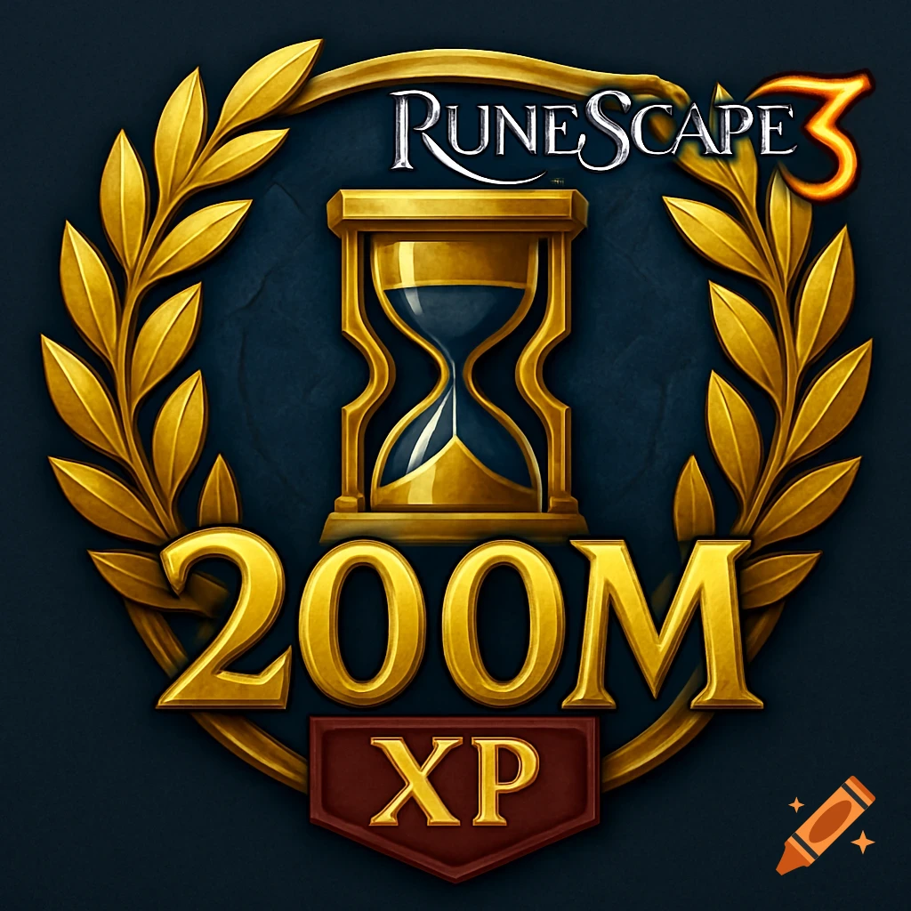 A golden RuneScape 3 badge featuring an hourglass, a laurel wreath, and the text '200M XP'.
