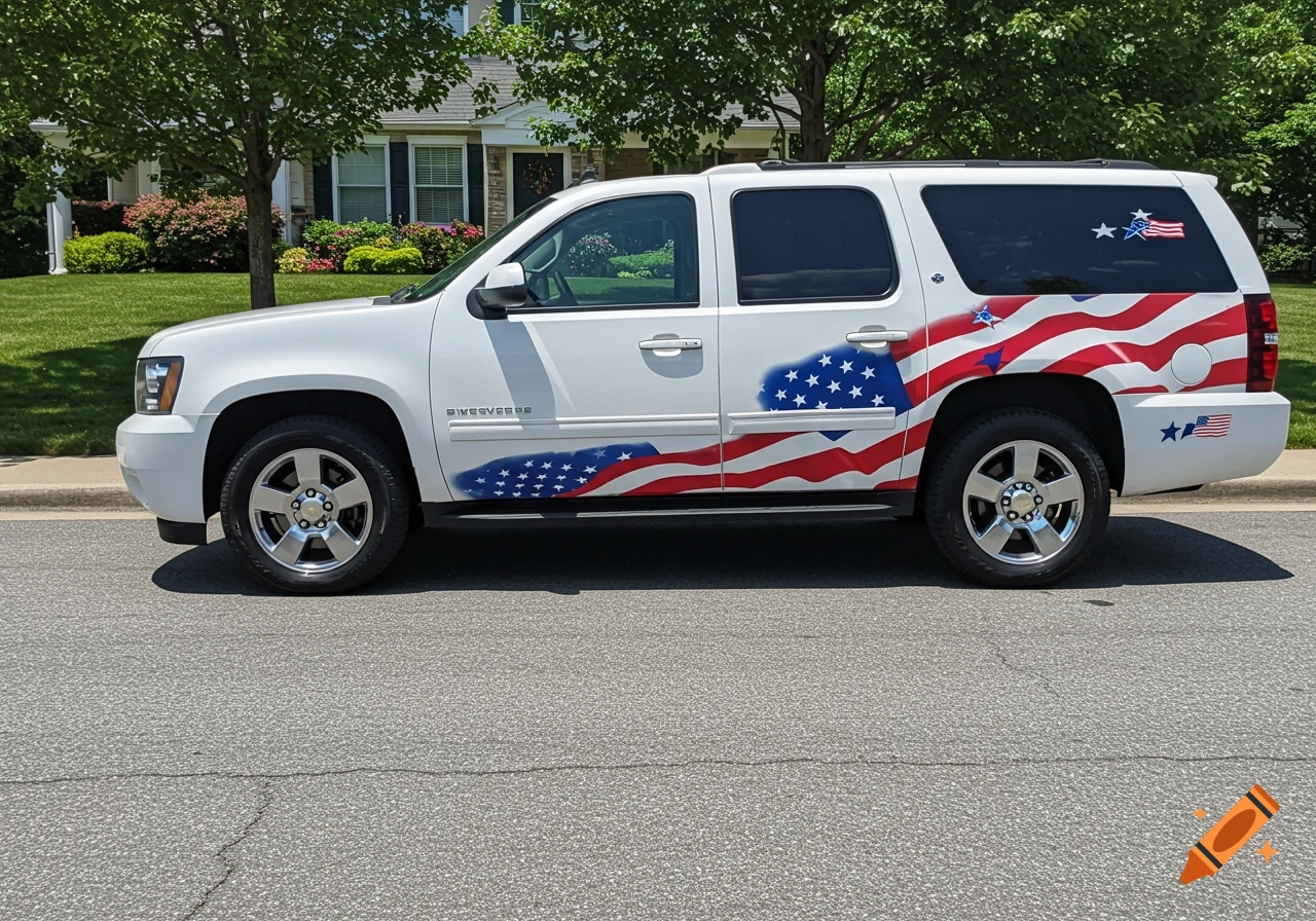 White Chevrolet Suburban SUV with American flag decals parked on a residential street.