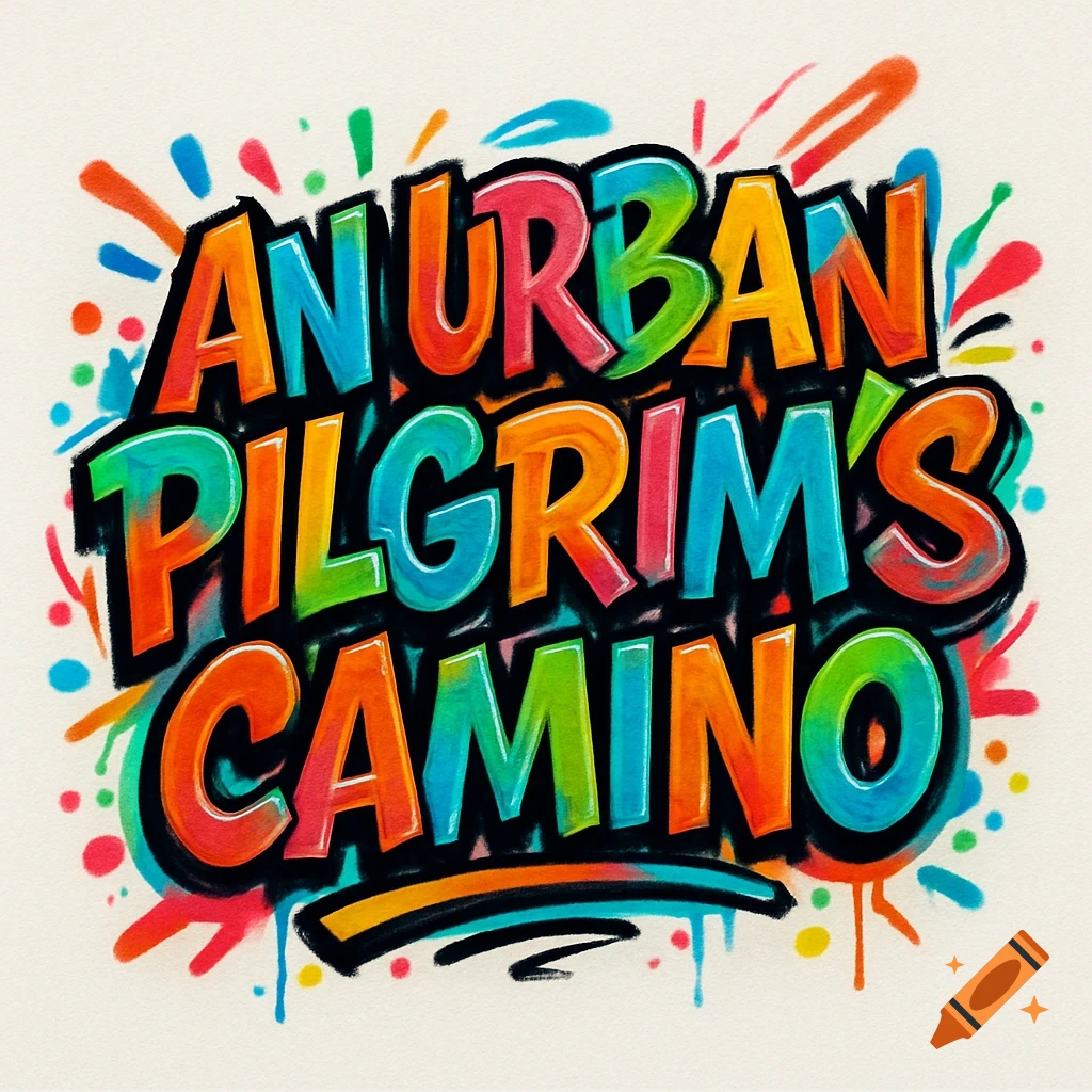 Colorful graffiti lettering spells out 'An Urban Pilgrim's Camino' on a white background with paint splatters.
