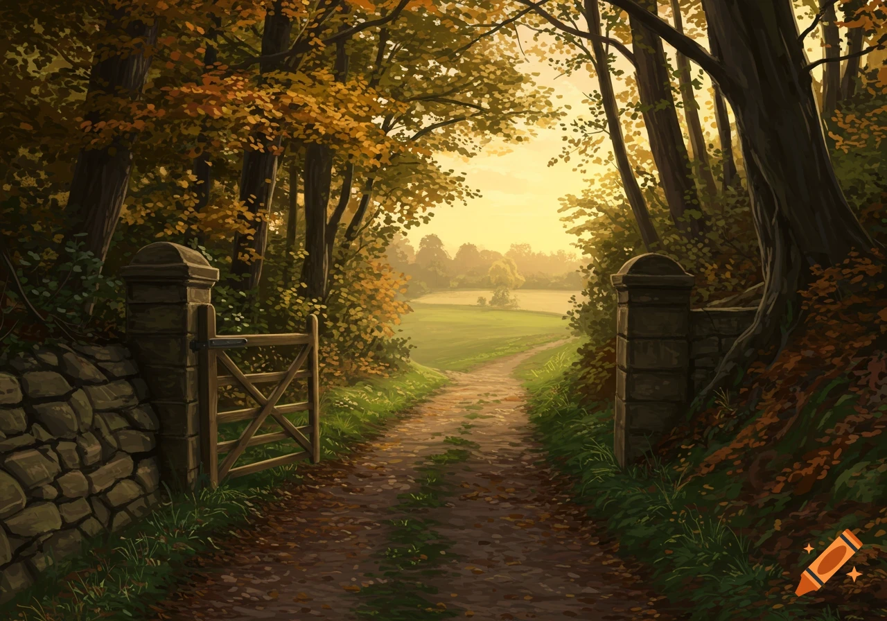 A gate on a stone wall opens to a sunlit dirt path through an autumn forest in the countryside.