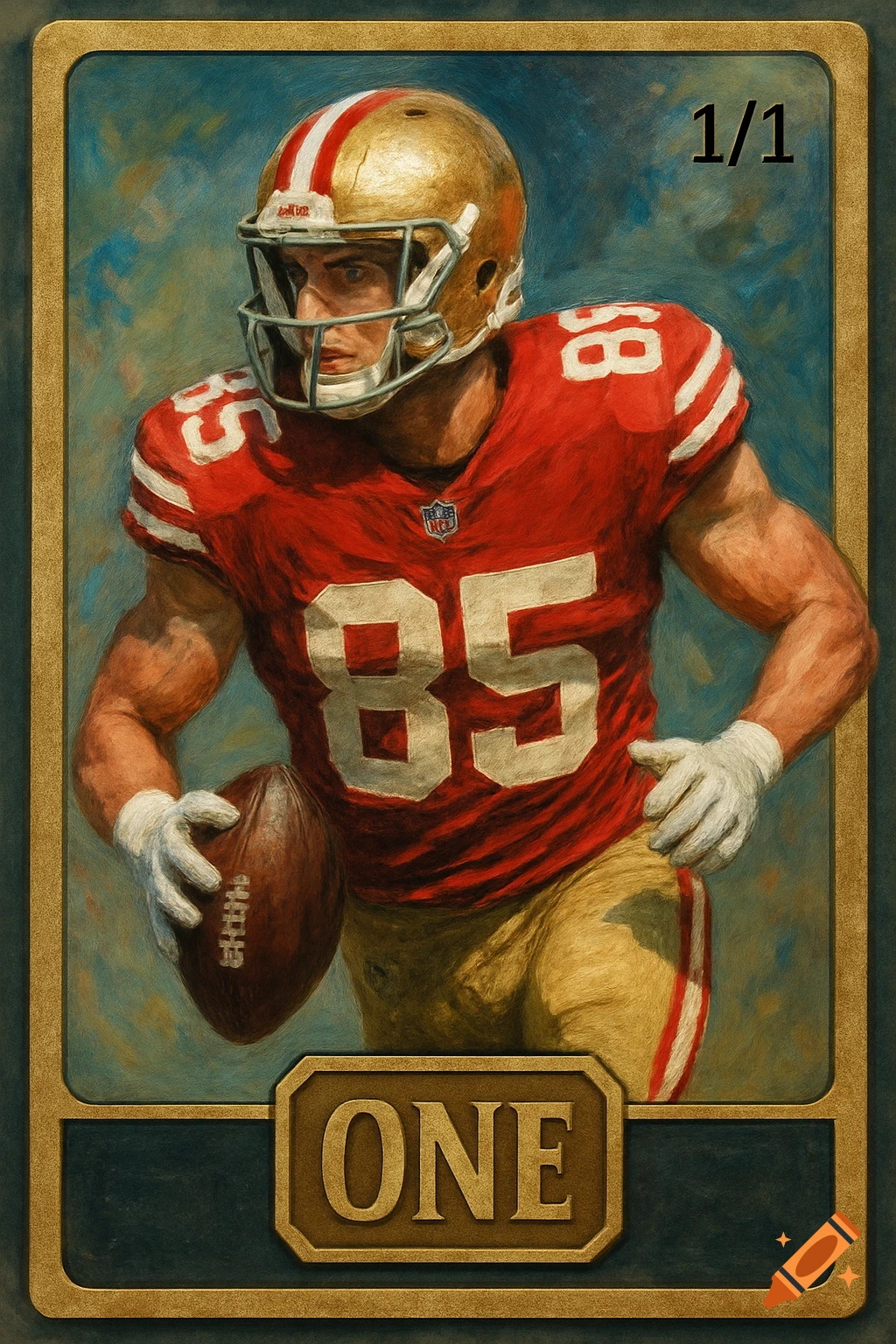 A painted portrait of an American football player in a red and gold uniform with number 85, holding a football. The image is framed like a trading card with "1/1" at the top right and "ONE" at the bottom.