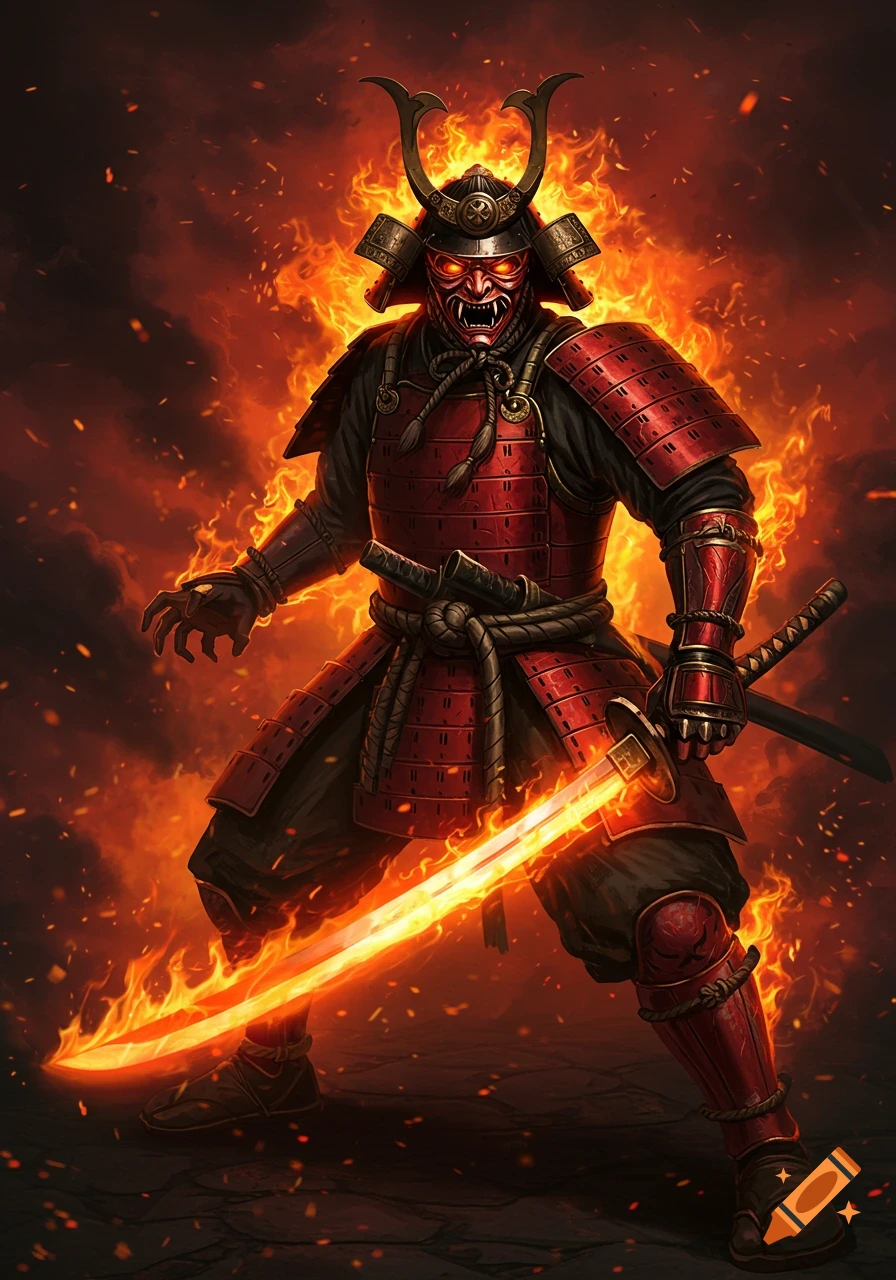 A fierce samurai warrior in red armor and a demonic mask, with glowing red eyes, stands amid raging flames, holding a glowing katana.