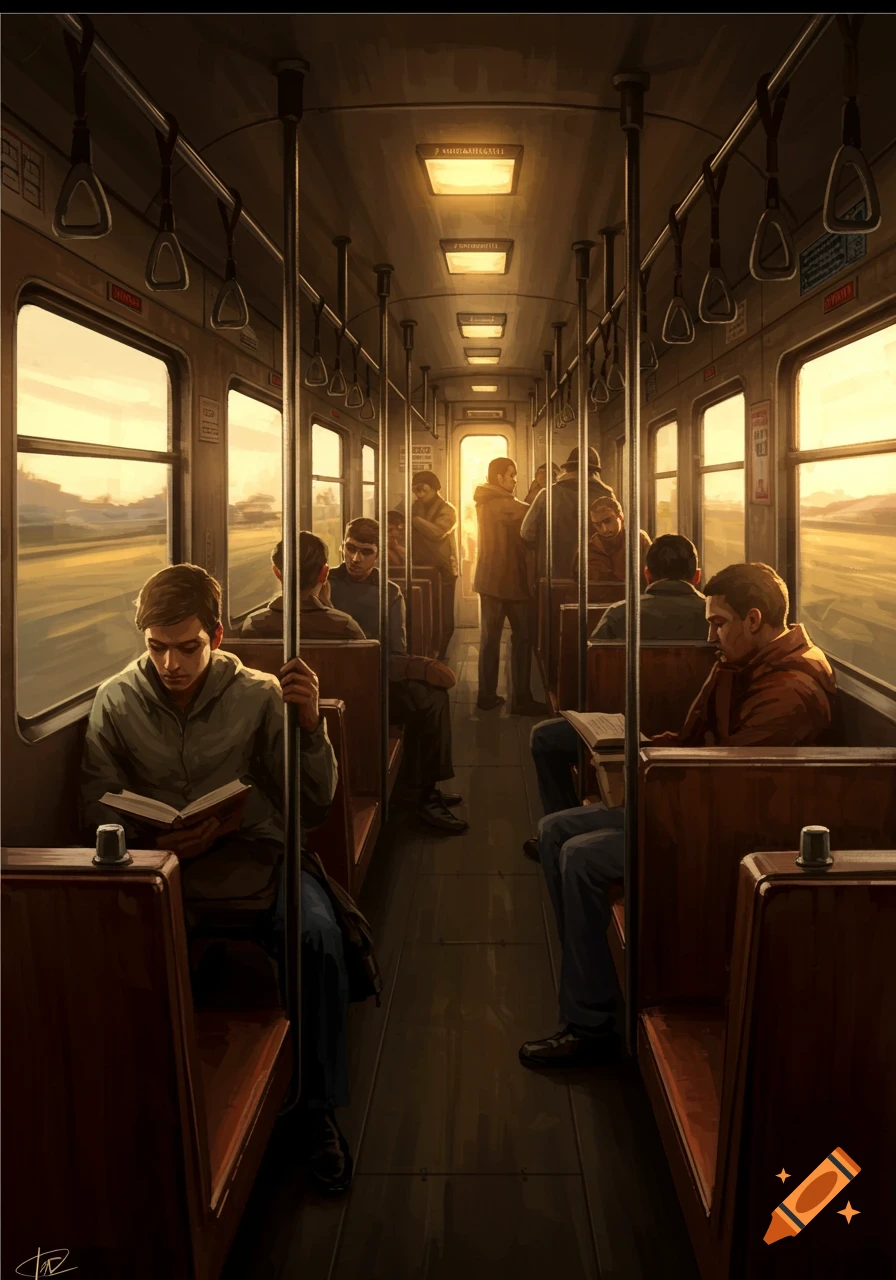 People sit and stand inside a train car with warm sunlight streaming through the windows, illuminating passengers, some reading.