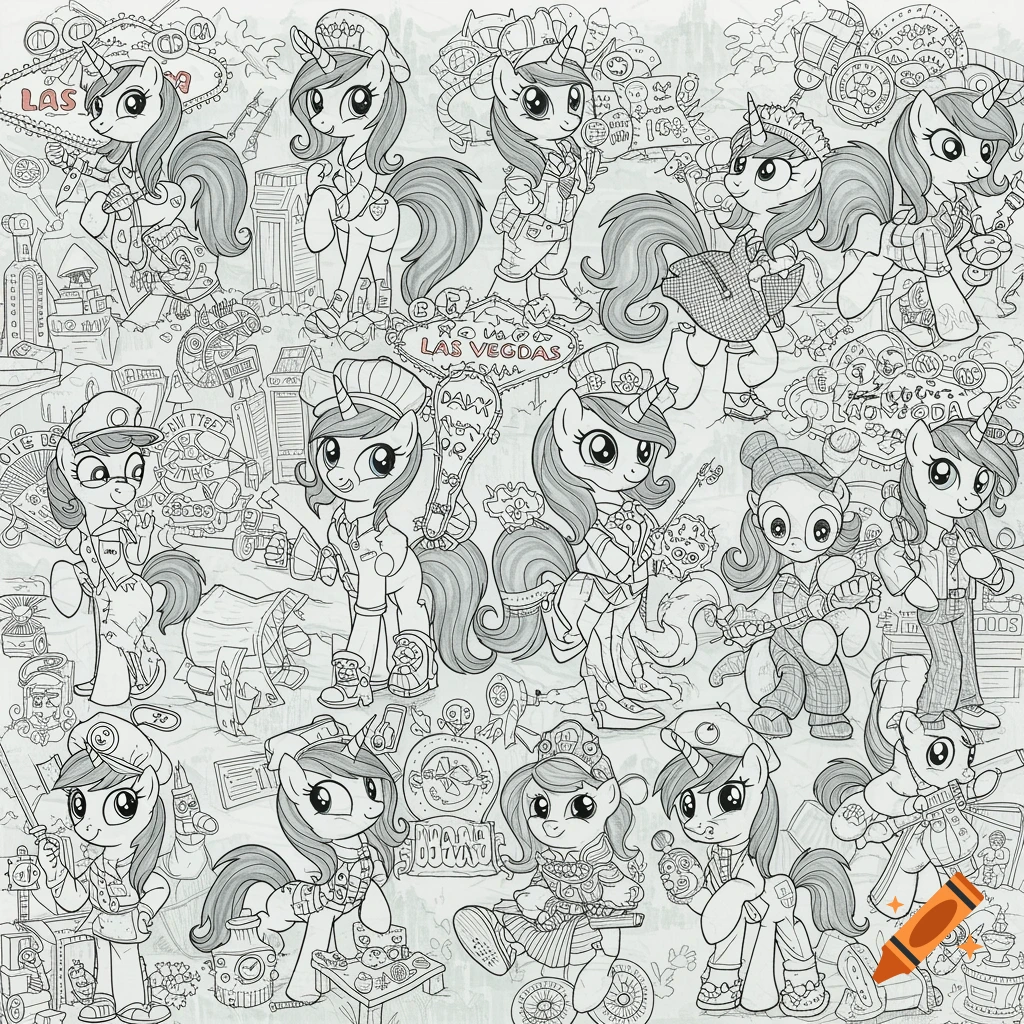 A detailed coloring book page featuring multiple cute female unicorns dressed as various Las Vegas themed occupations, surrounded by city elements.
