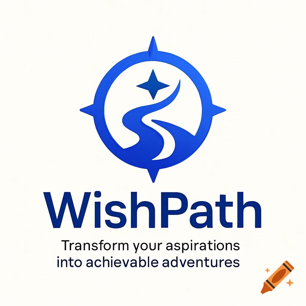 Blue and white logo for WishPath featuring a compass-like symbol with a winding path and a star, above the tagline.