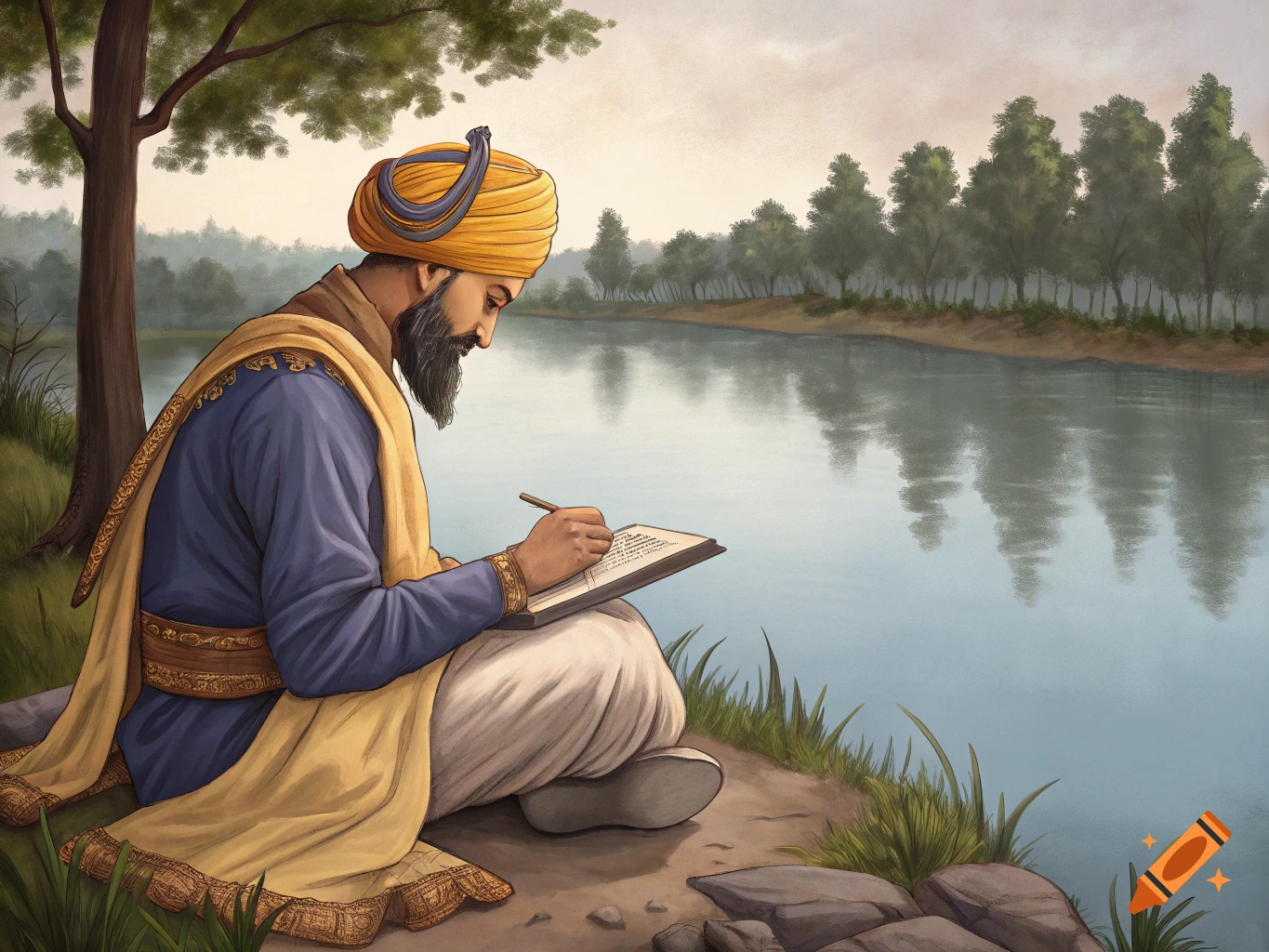 Guru Gobind Singh, in a yellow turban and blue robe, sits by a river under a tree, writing in a book.