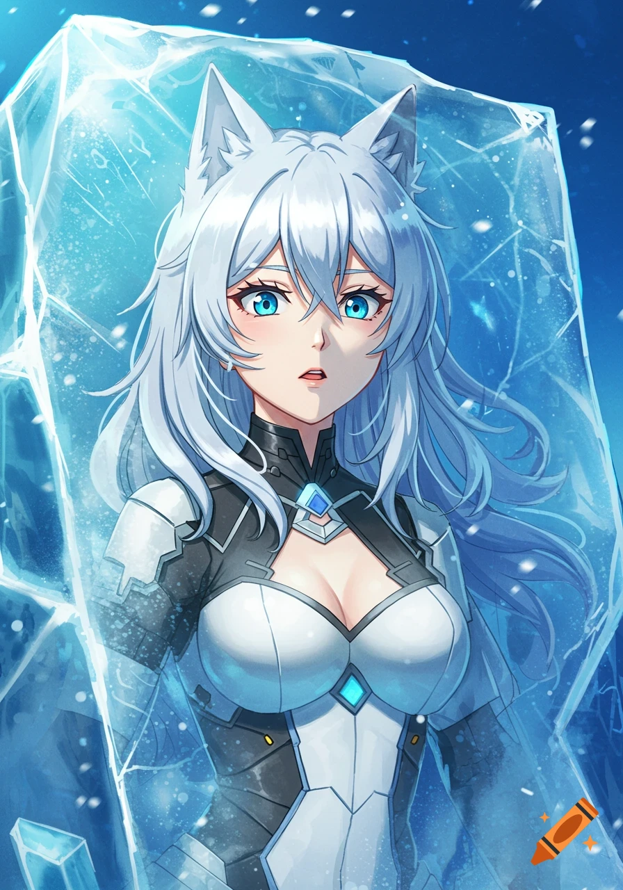 An anime girl with white hair and blue eyes is encased in a large block of ice, wearing a black and white futuristic outfit.