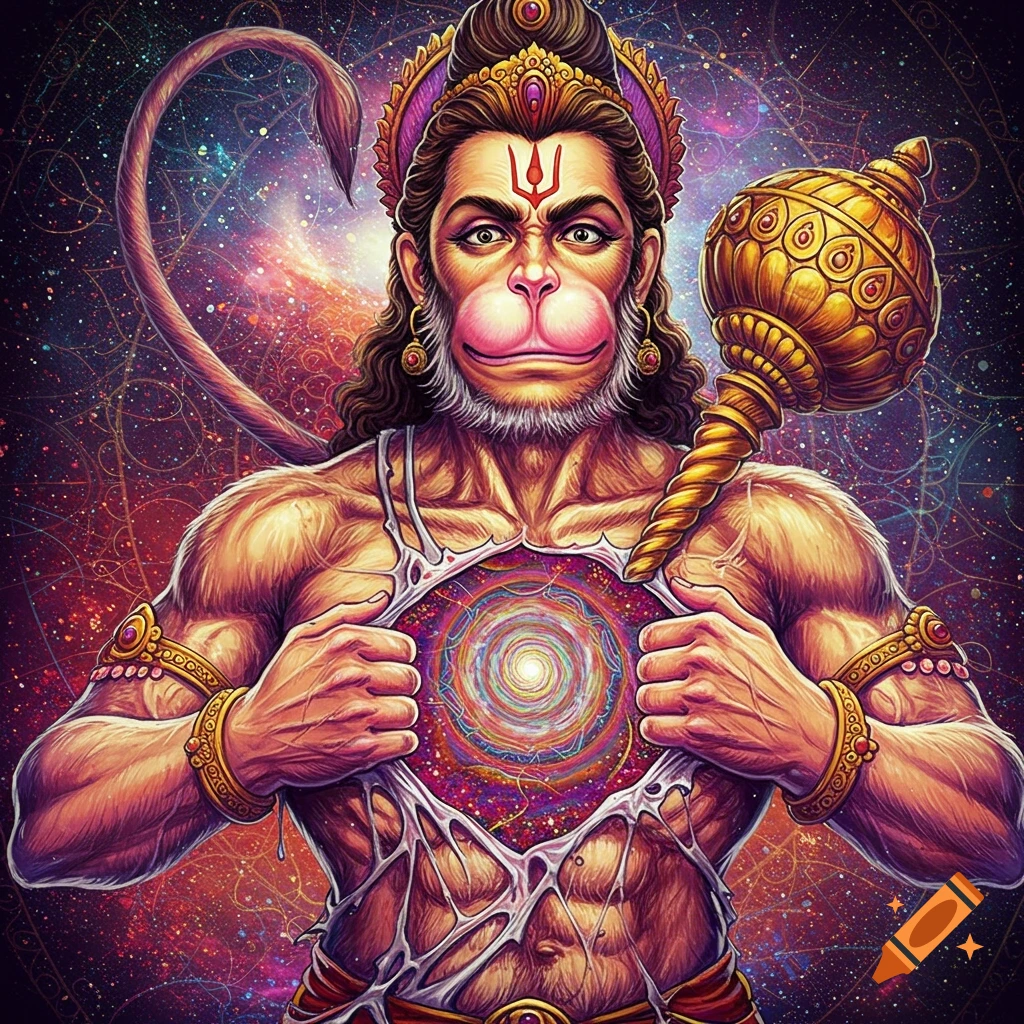 A vibrant, psychedelic illustration of Lord Hanuman with his chest torn open revealing a swirling cosmic galaxy within.