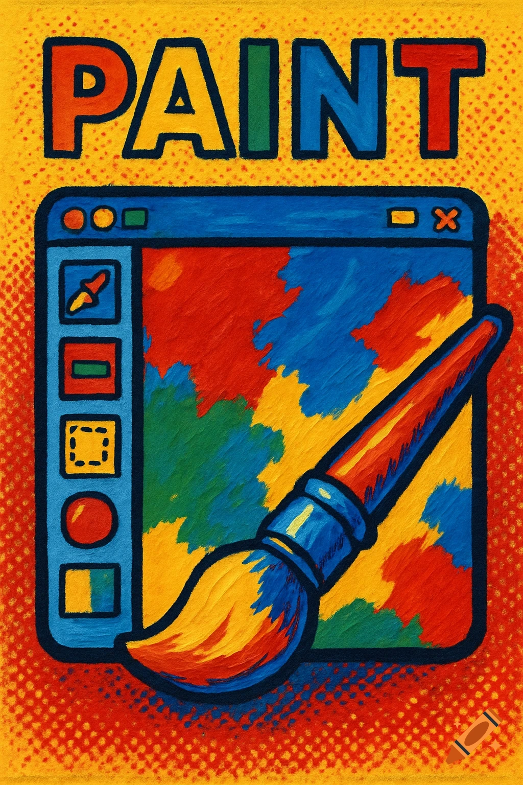 Vibrant pop art illustration of a computer paint program window with 'PAINT' text and a large paintbrush.