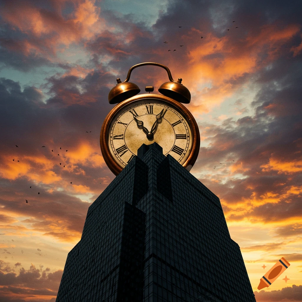 A giant vintage alarm clock sits atop a tall, dark building against a dramatic orange and purple sunset sky with birds.