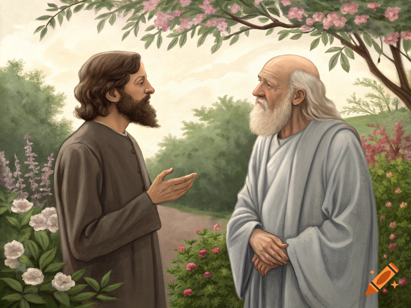 Two bearded men in robes converse in a lush garden under a flowering tree.